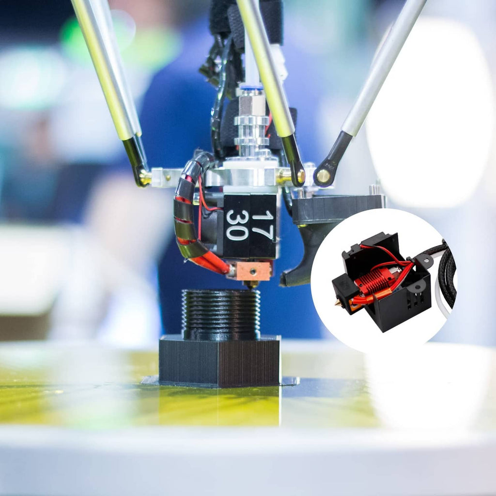 3D printer hotend with black silicone heater block cover fitted over the heater