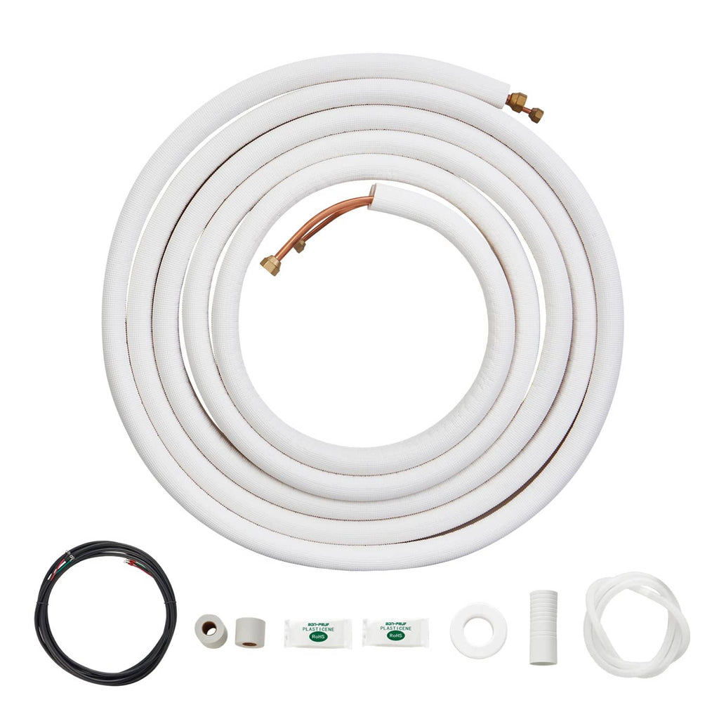 Insulated ductless mini split line set with coiled white tubing and copper fittings