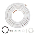 Insulated ductless mini split line set with coiled white tubing and copper fittings