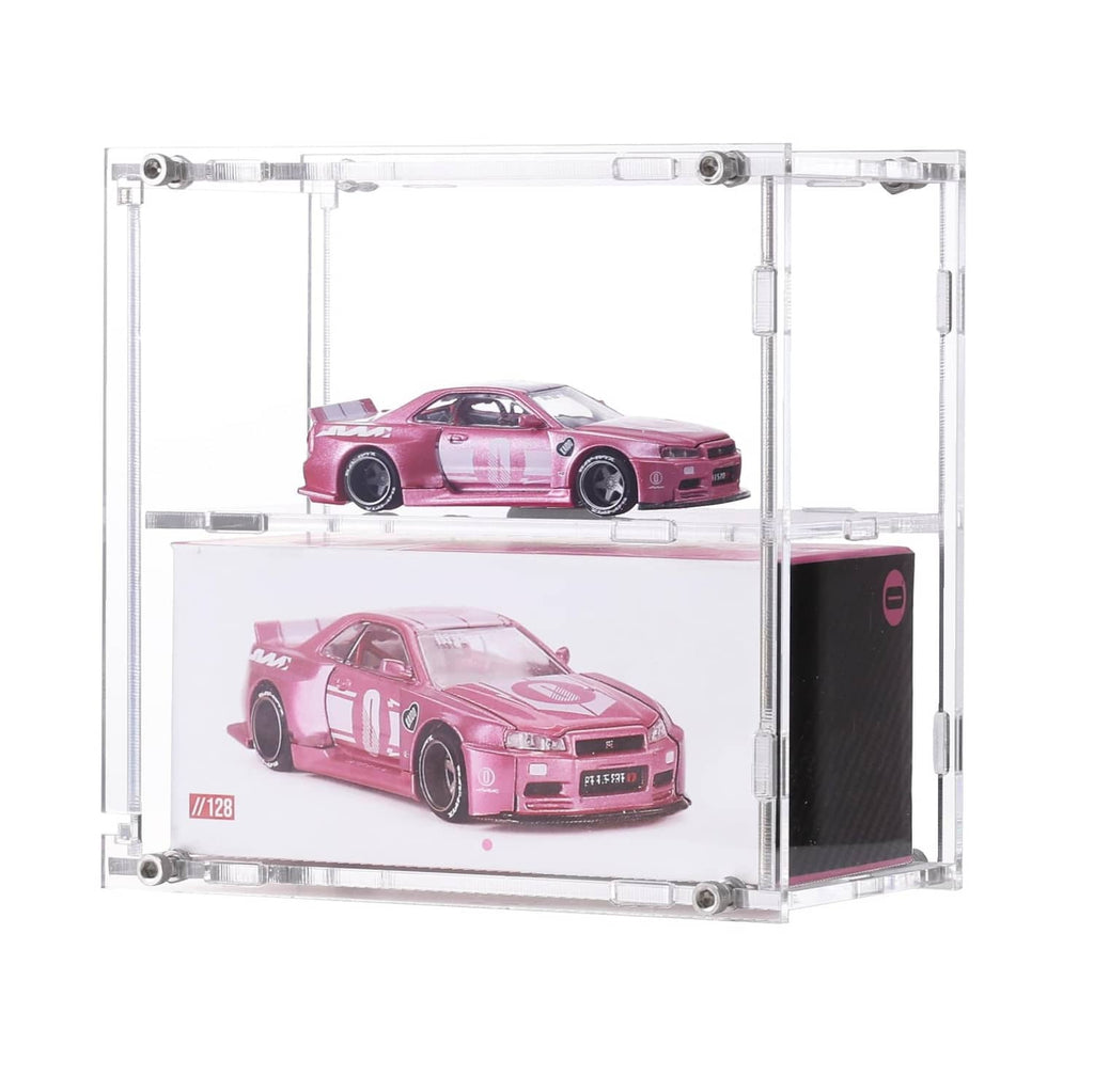 Clear acrylic diecast car display case with two model cars inside