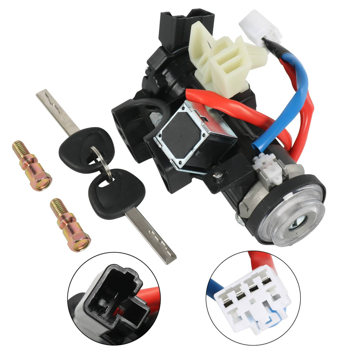 Ignition lock housing assembly switch with wiring harness and keys, plus mounting pins