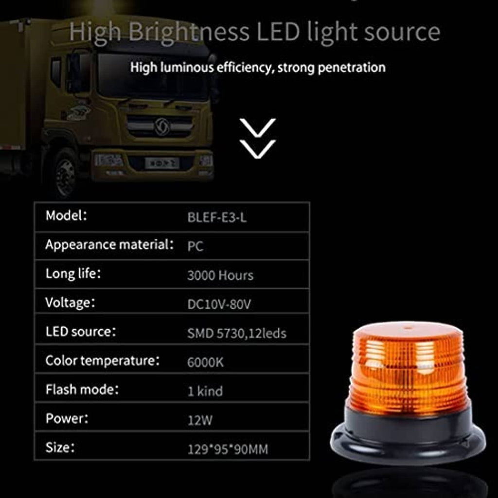 Amber LED beacon strobe light with domed lens and black base, compact design