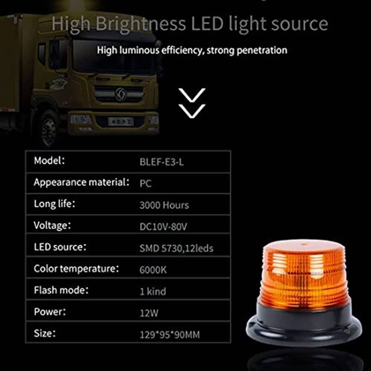Amber LED beacon strobe light with domed lens and black base, compact design