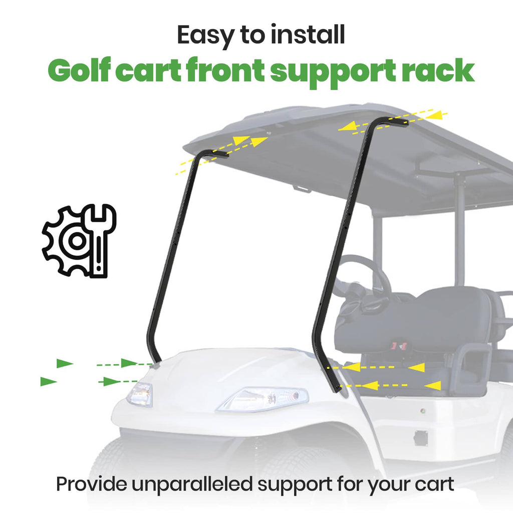Black front roof support struts on a white golf cart, angled steel bars