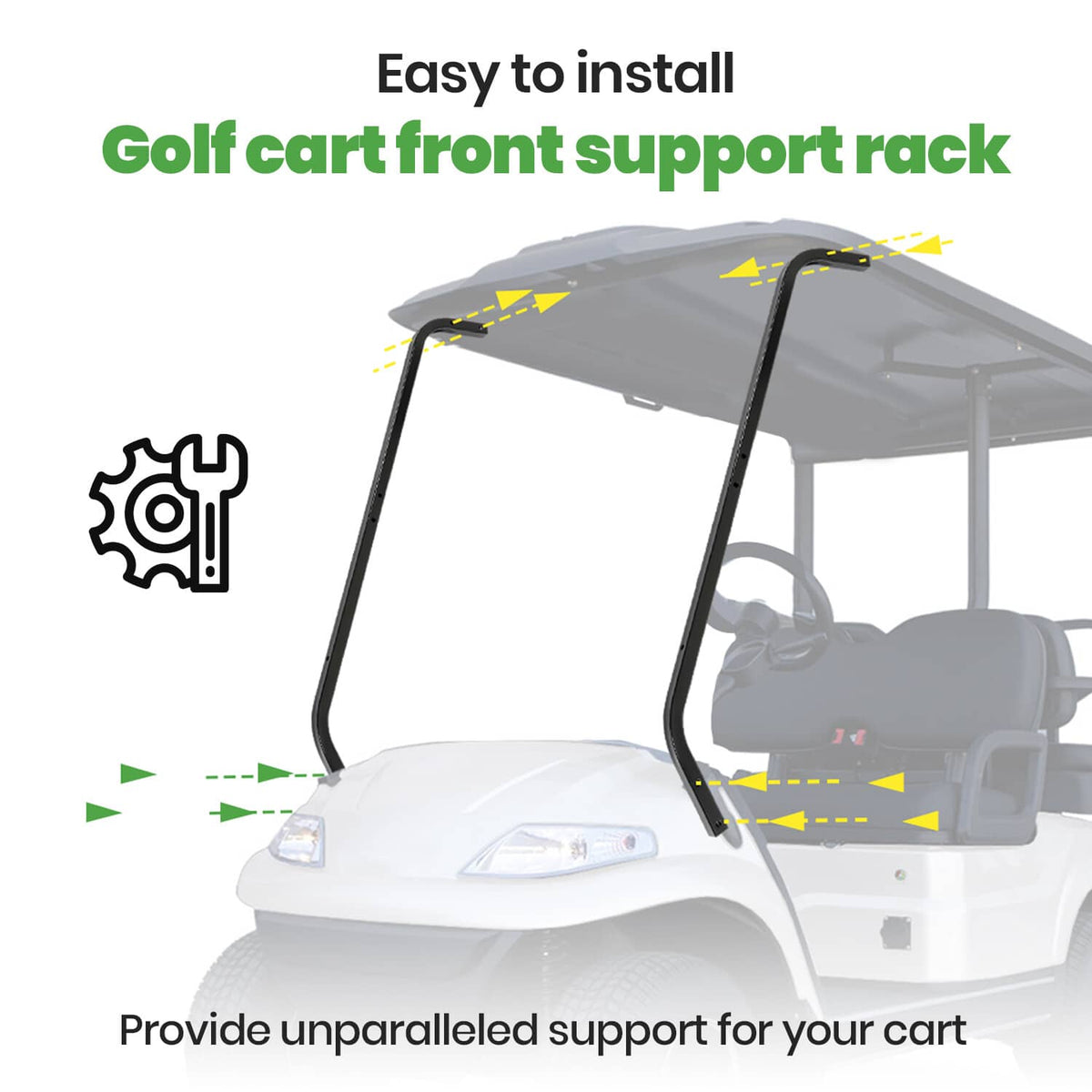 Black front roof support struts on a white golf cart, angled steel bars