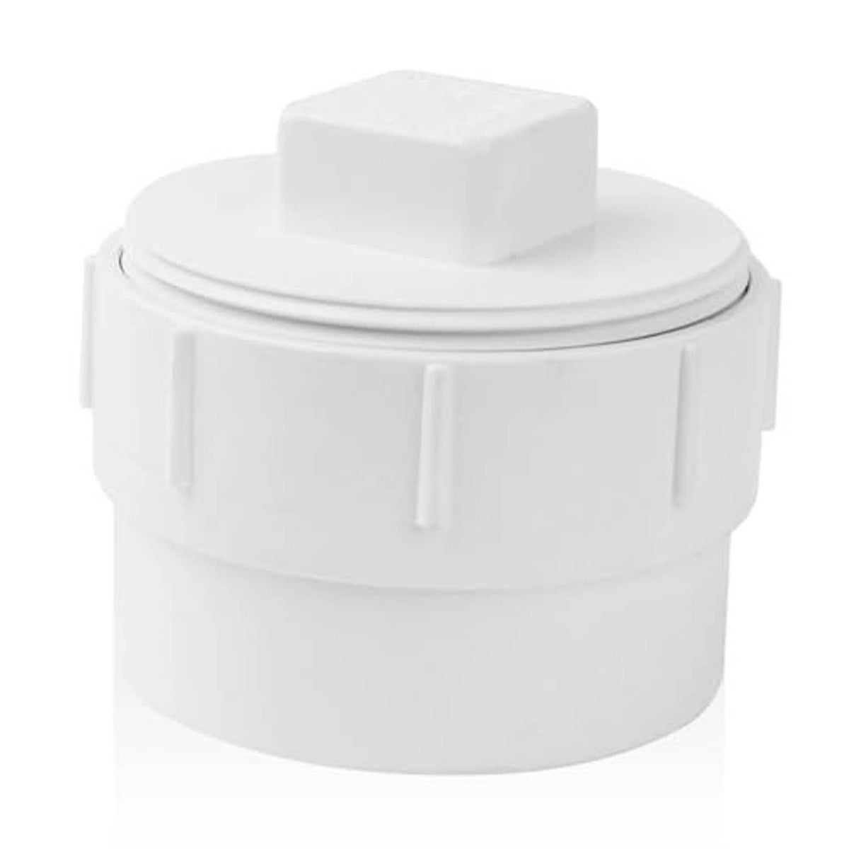 White PVC 2-inch sewer cleanout adapter with square plug cap, close-up front view