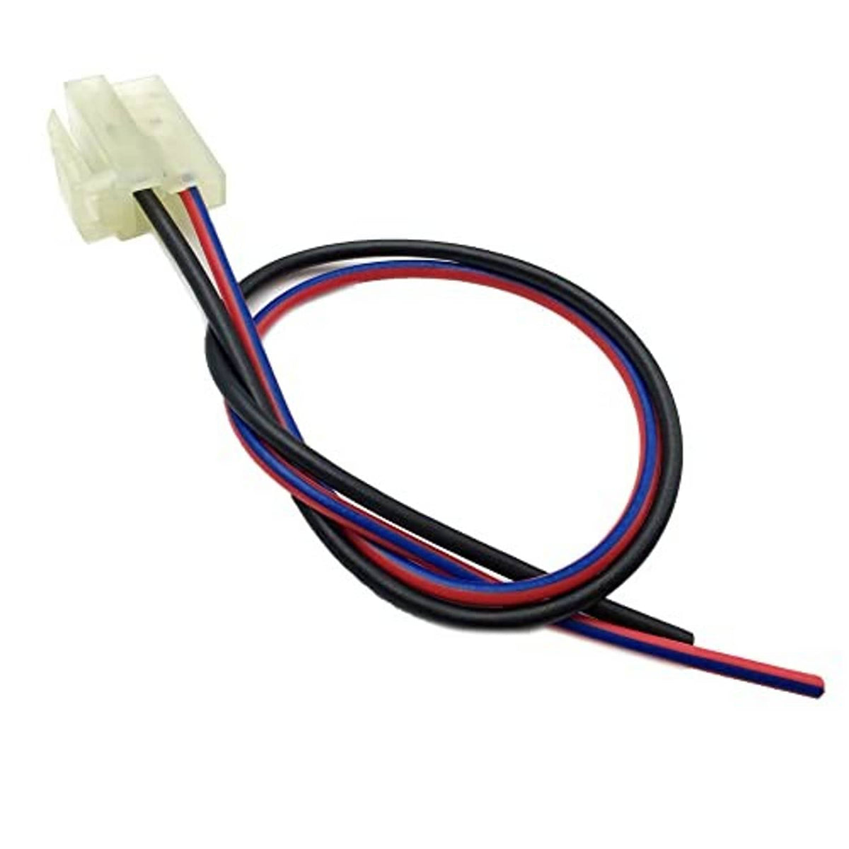 Alternator pigtail harness with white connector block and black/red/blue insulated wire leads