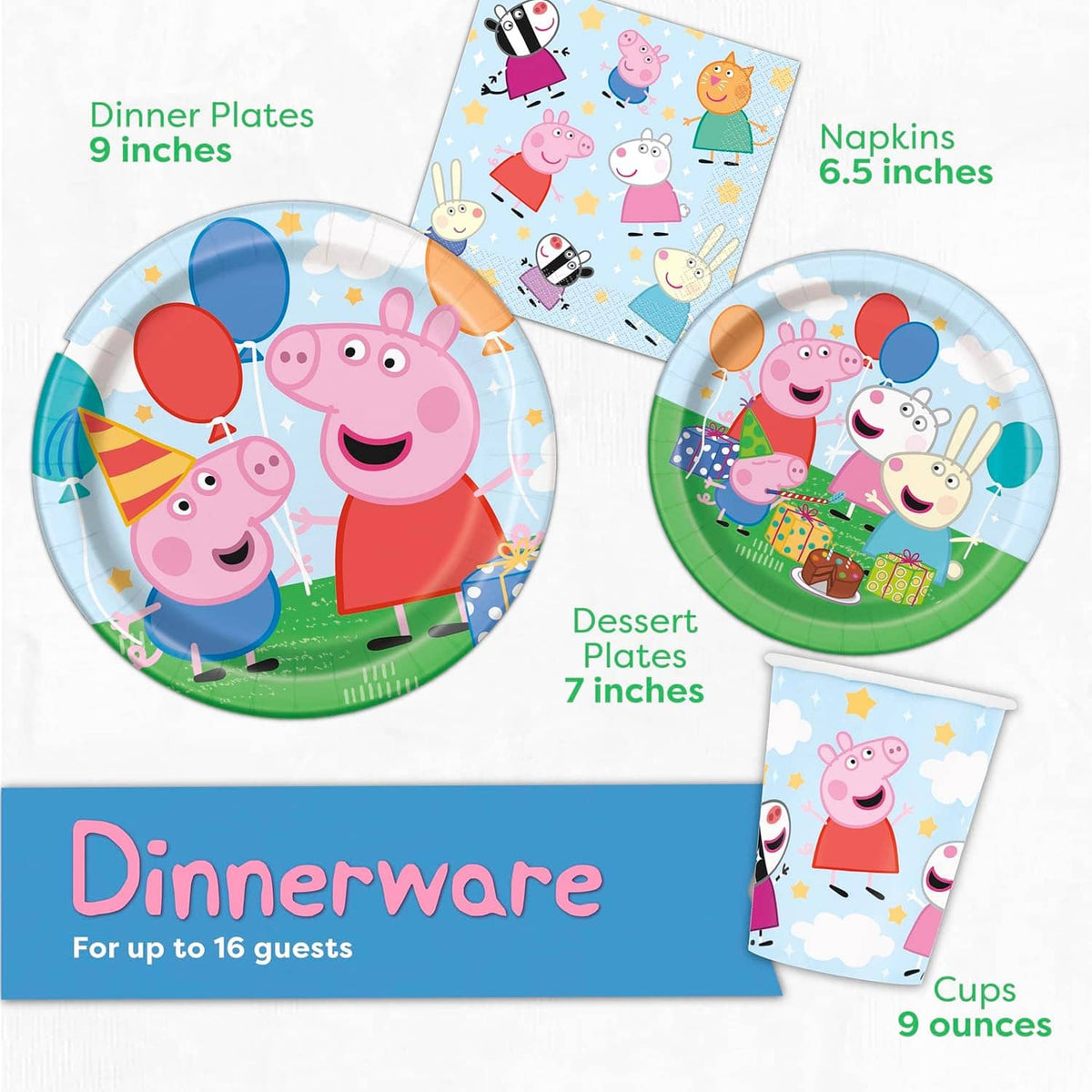 Peppa Pig dinnerware assortment: dinner plates, dessert plates, napkins, cups