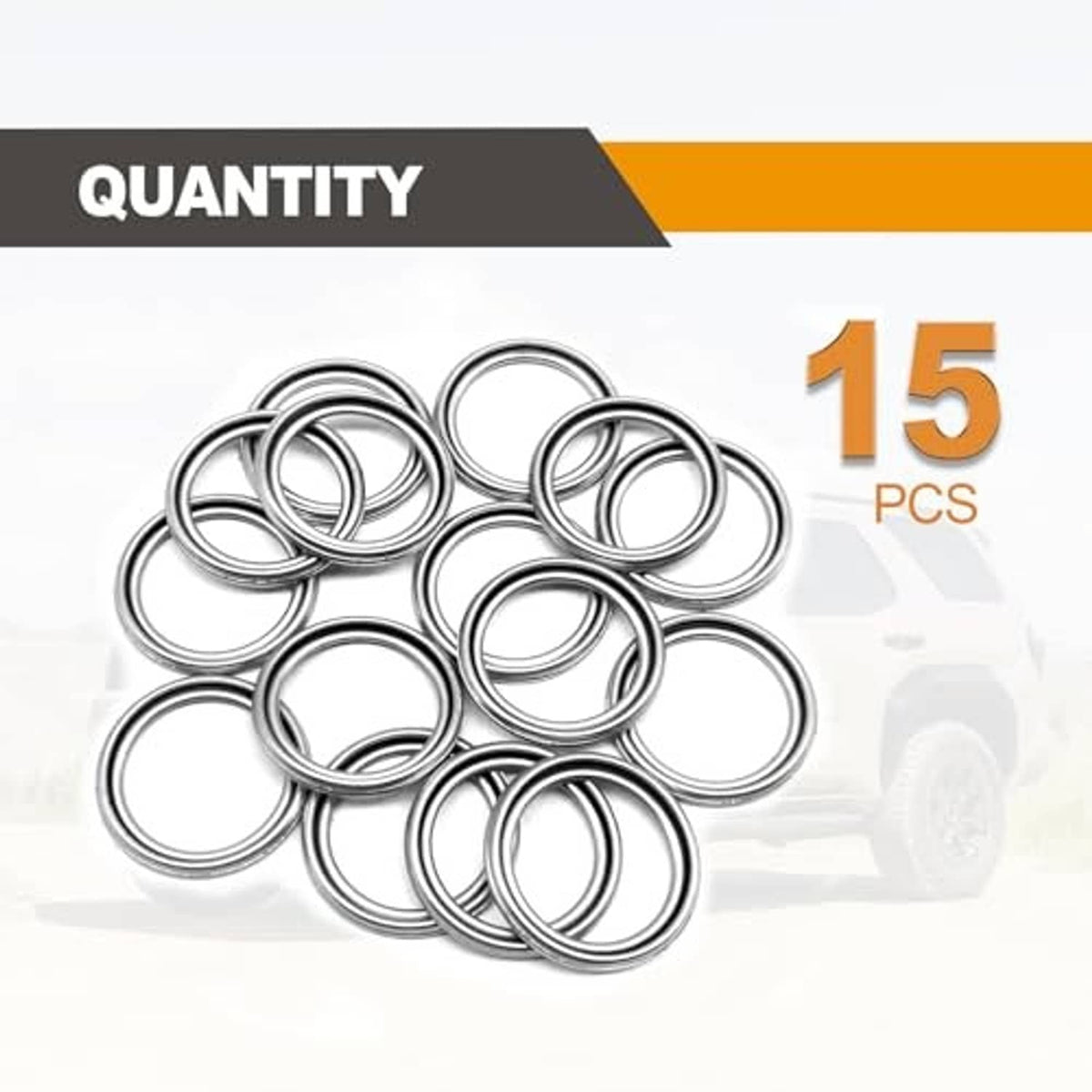 15-piece set of metal crush washer gasket rings, silver-toned