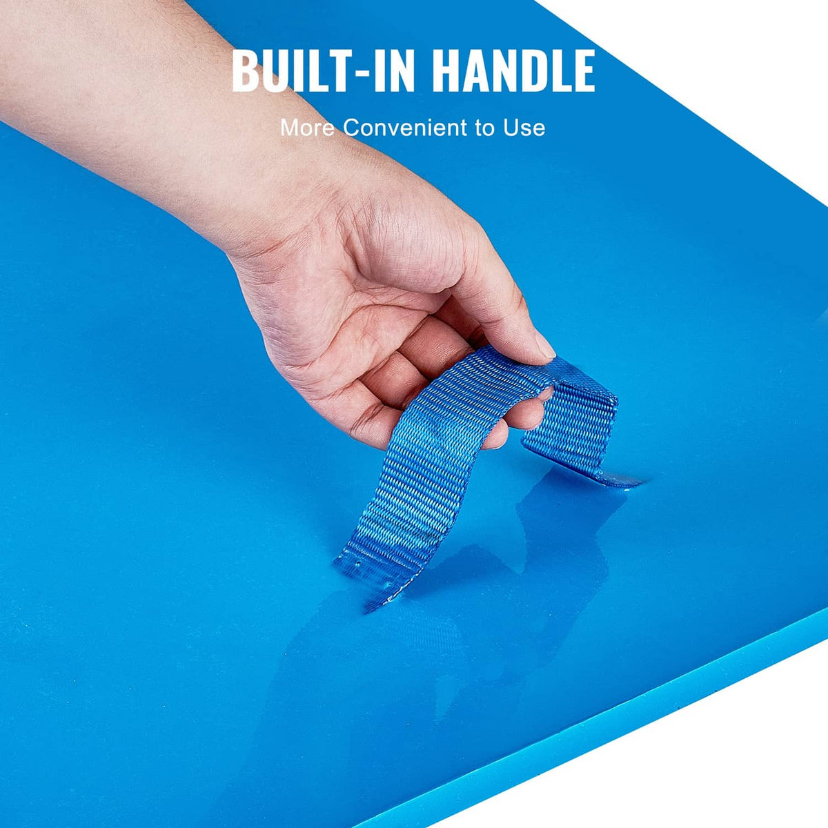 Blue concrete texture mat with built-in carrying handle strap for easy use