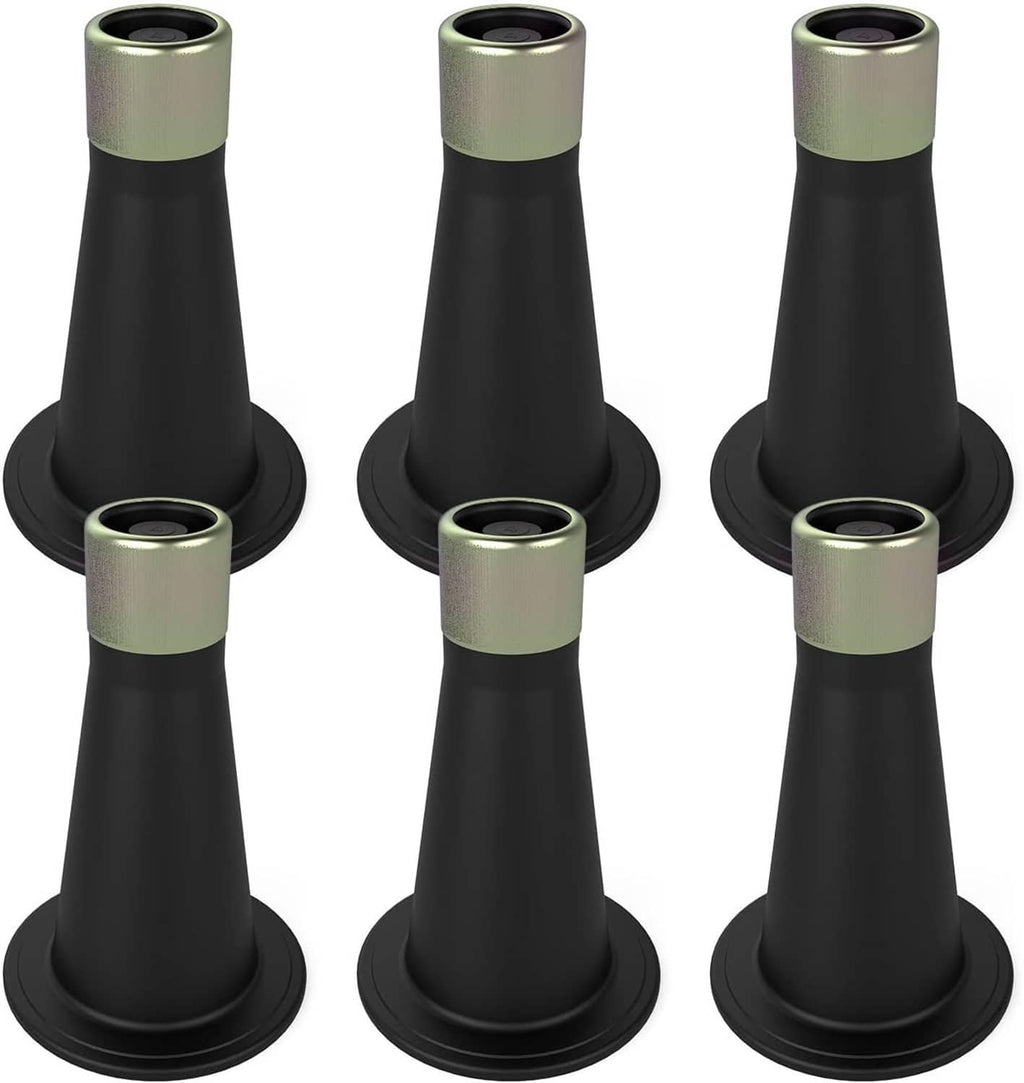 Three upright bed frame feet; black legs with light metal collars and flat bases