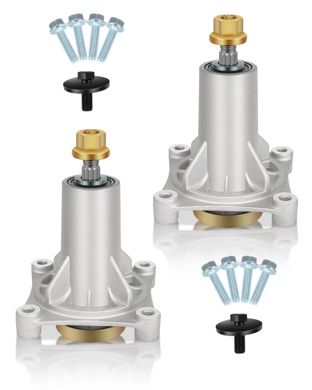 Silver lawn mower spindle assembly, includes two spindles and mounting hardware.