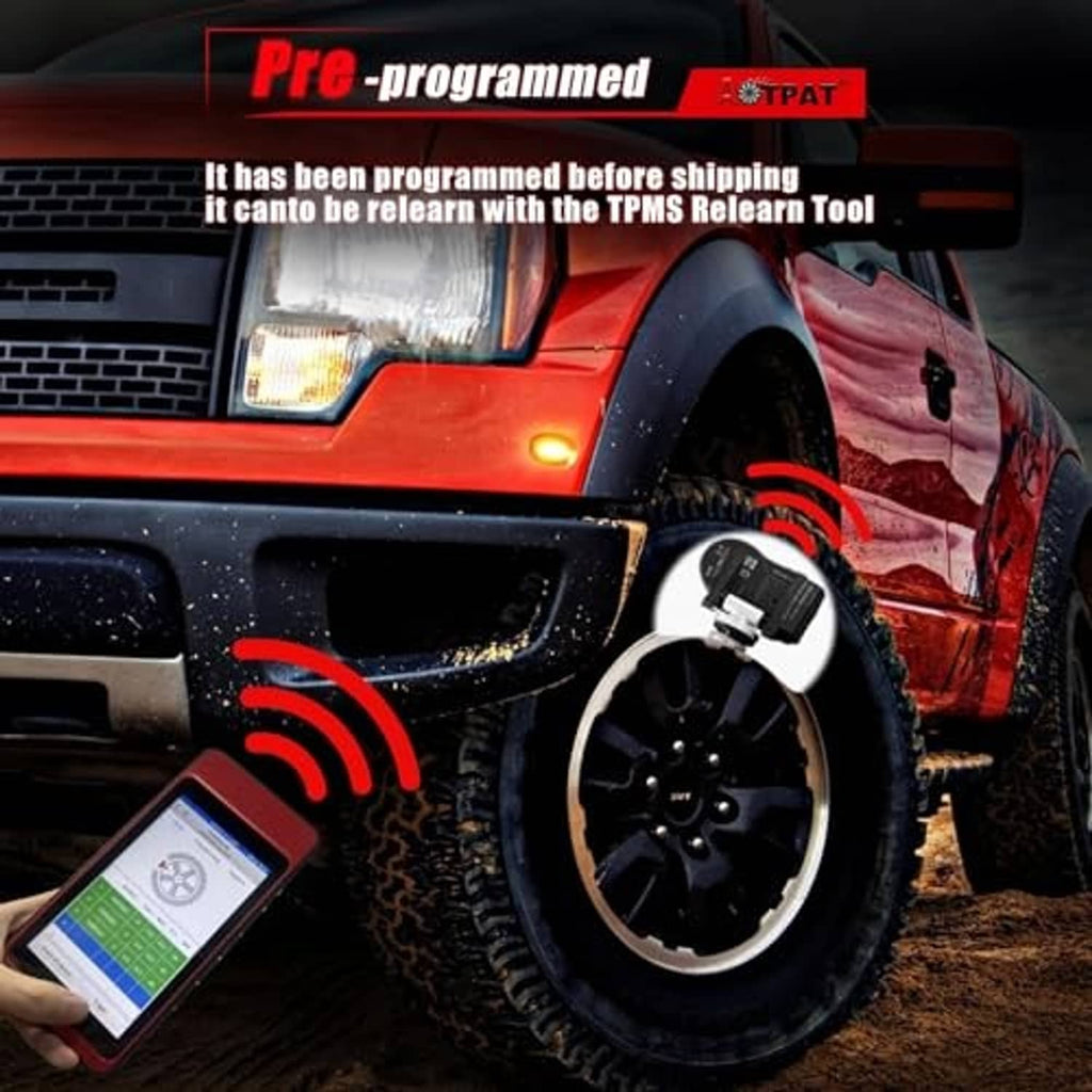 Pre-programmed black TPMS sensor with silver valve stem, side view