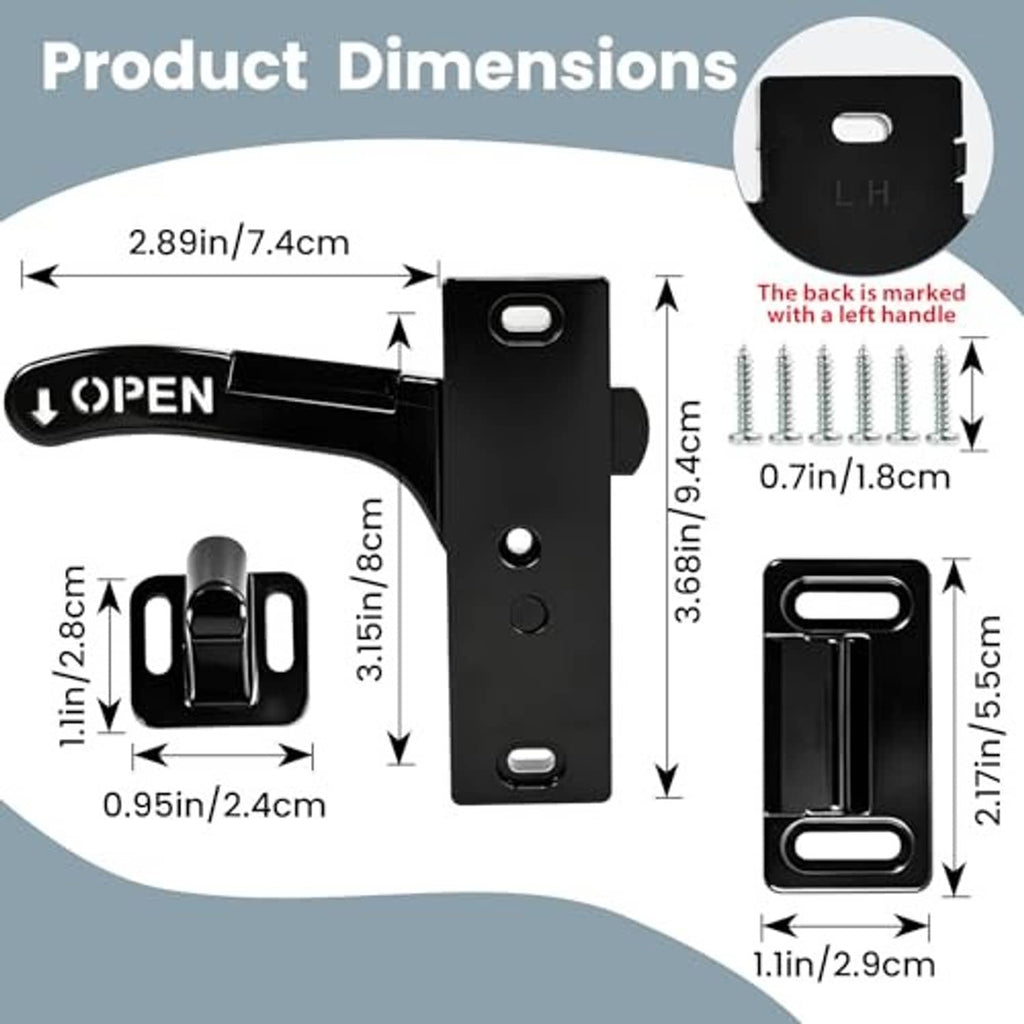 Black RV screen door latch handle replacement kit with screws and mounting plate