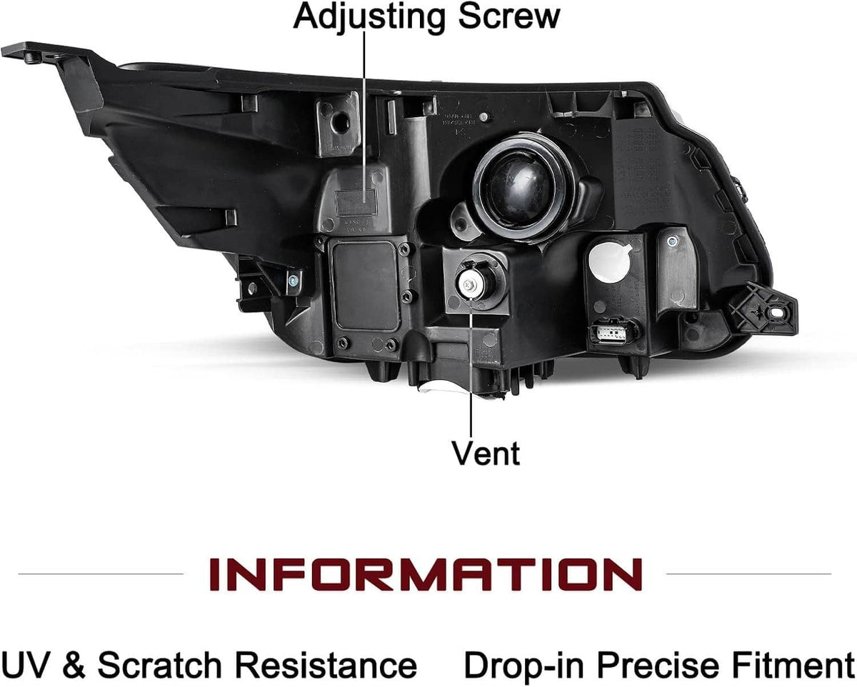 Headlight assembly rear view with adjusting screw and vent opening in black housing