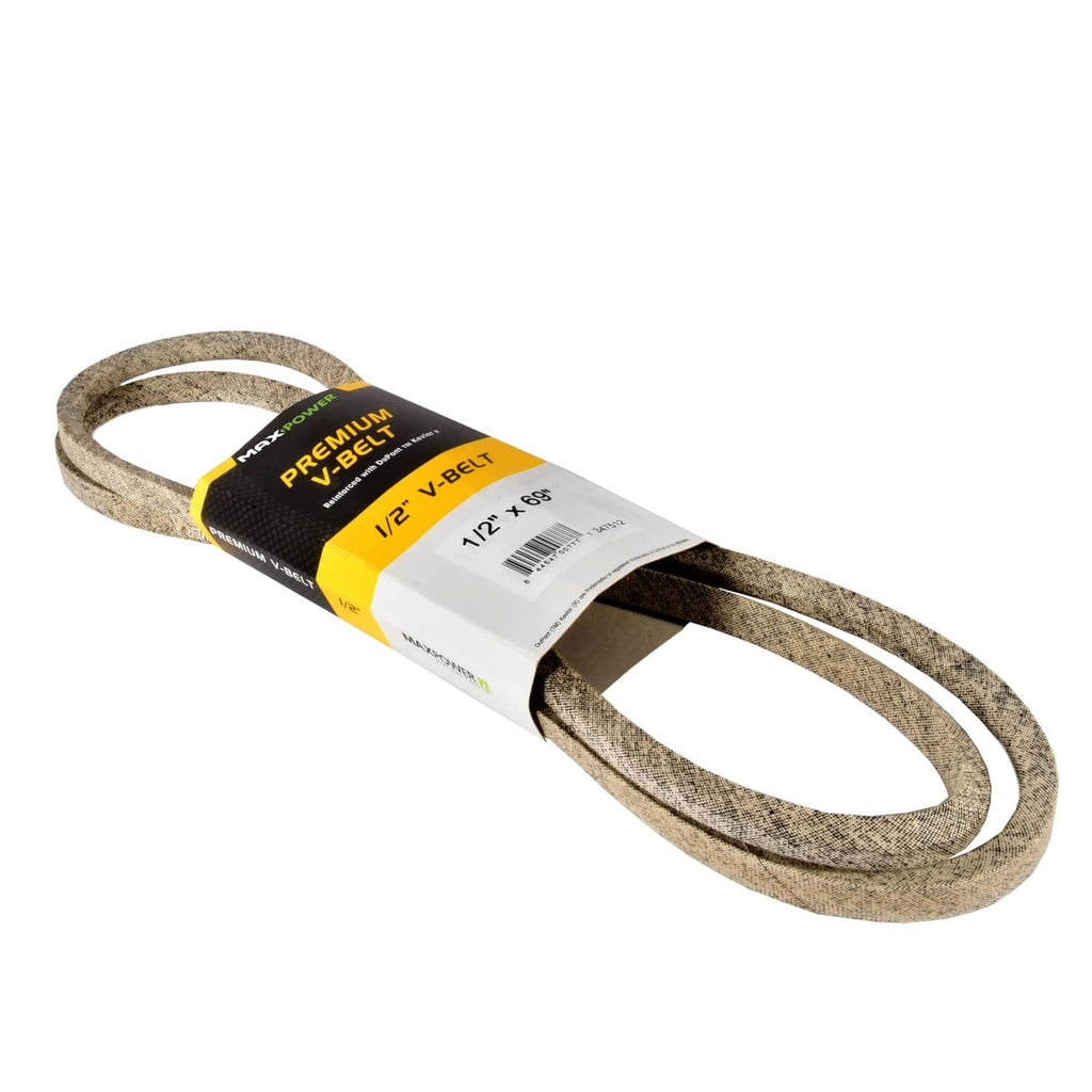 Gray reinforced V-belt with black-and-yellow label, angled view
