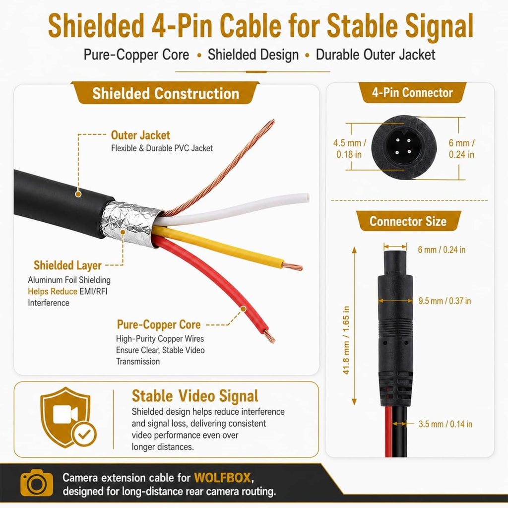 Shielded black 4-pin rear camera extension cable with durable connector ends