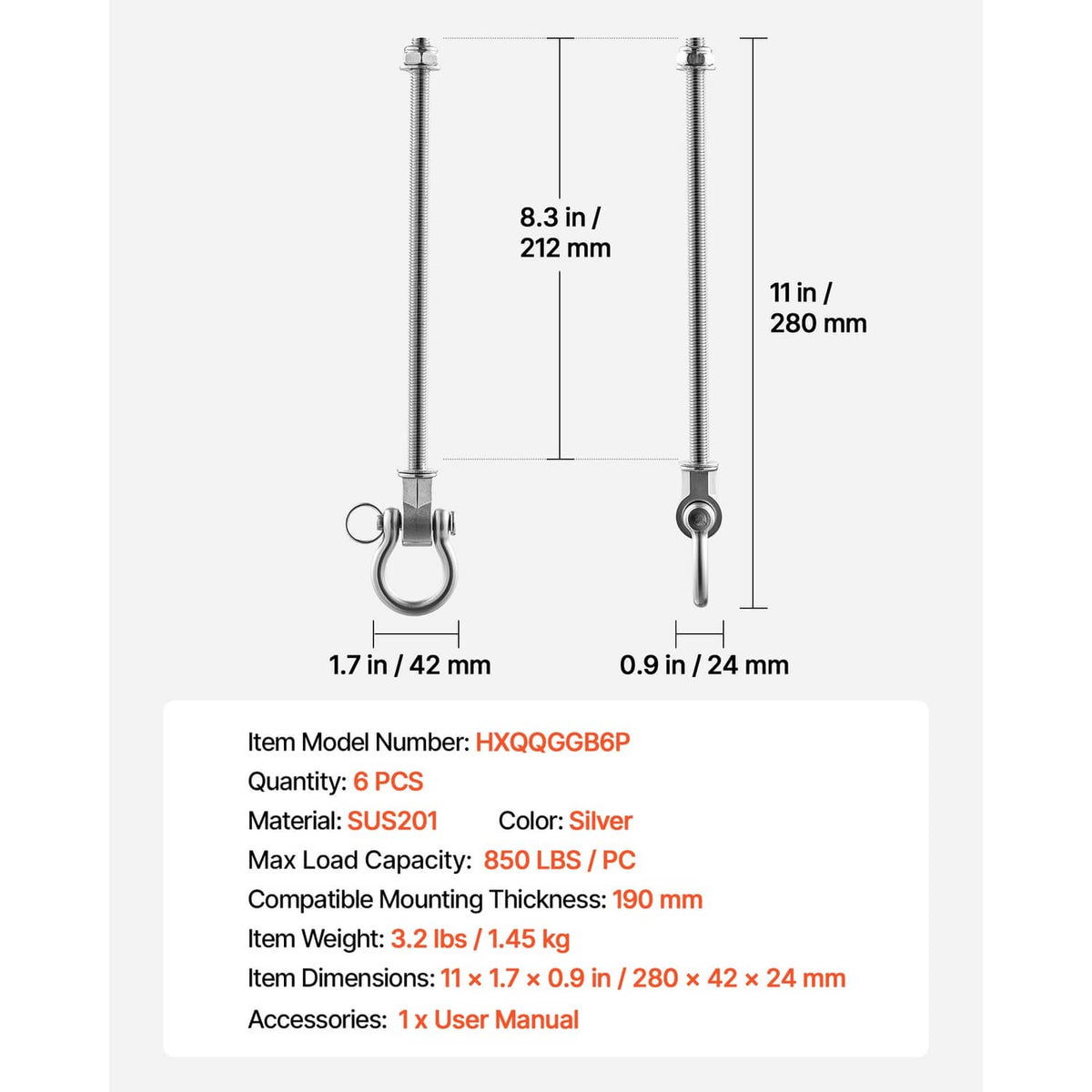 Dimension diagram of silver swing bracket: threaded post with loop hook and clamp