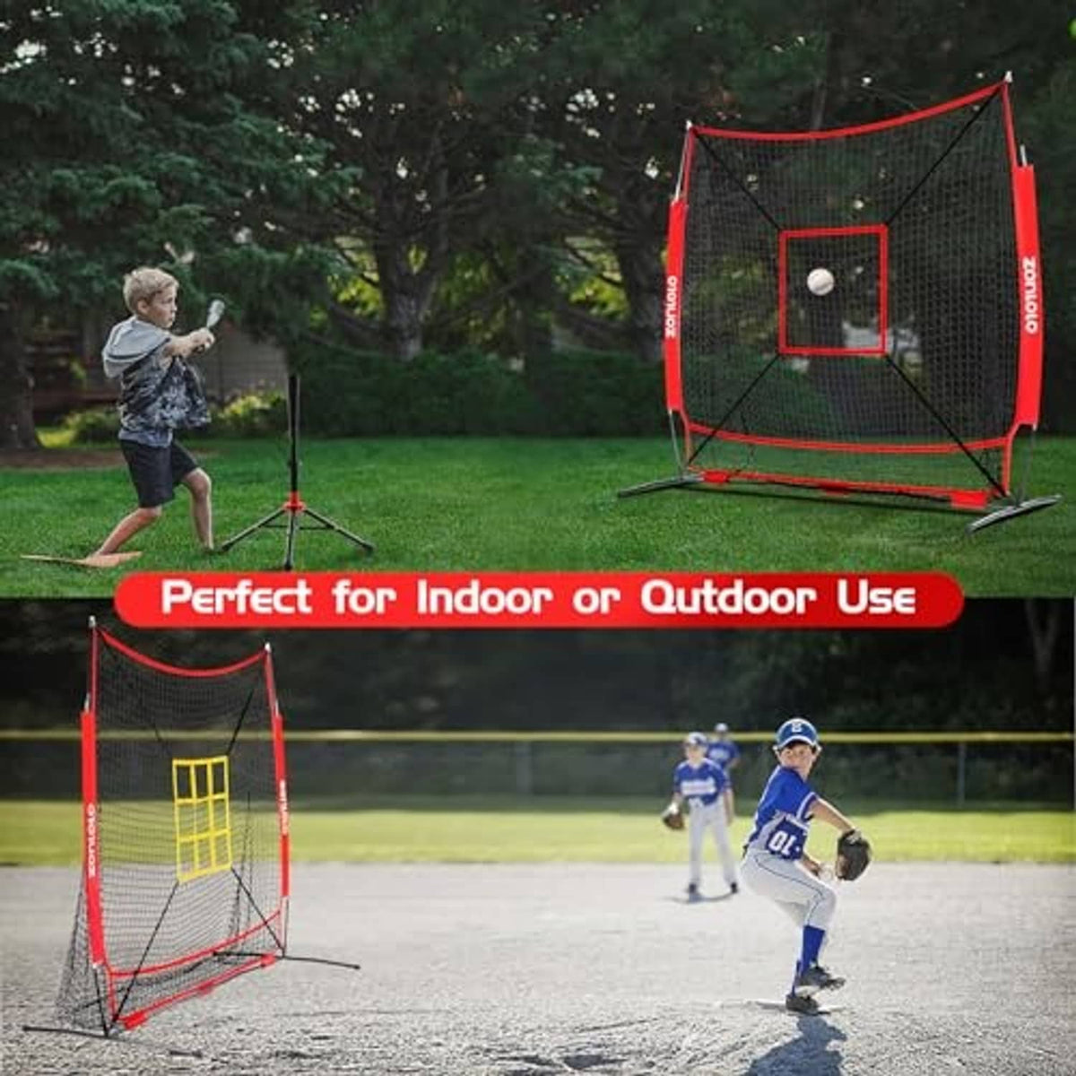 Baseball practice net with red frame and central strike target for indoor or outdoor use