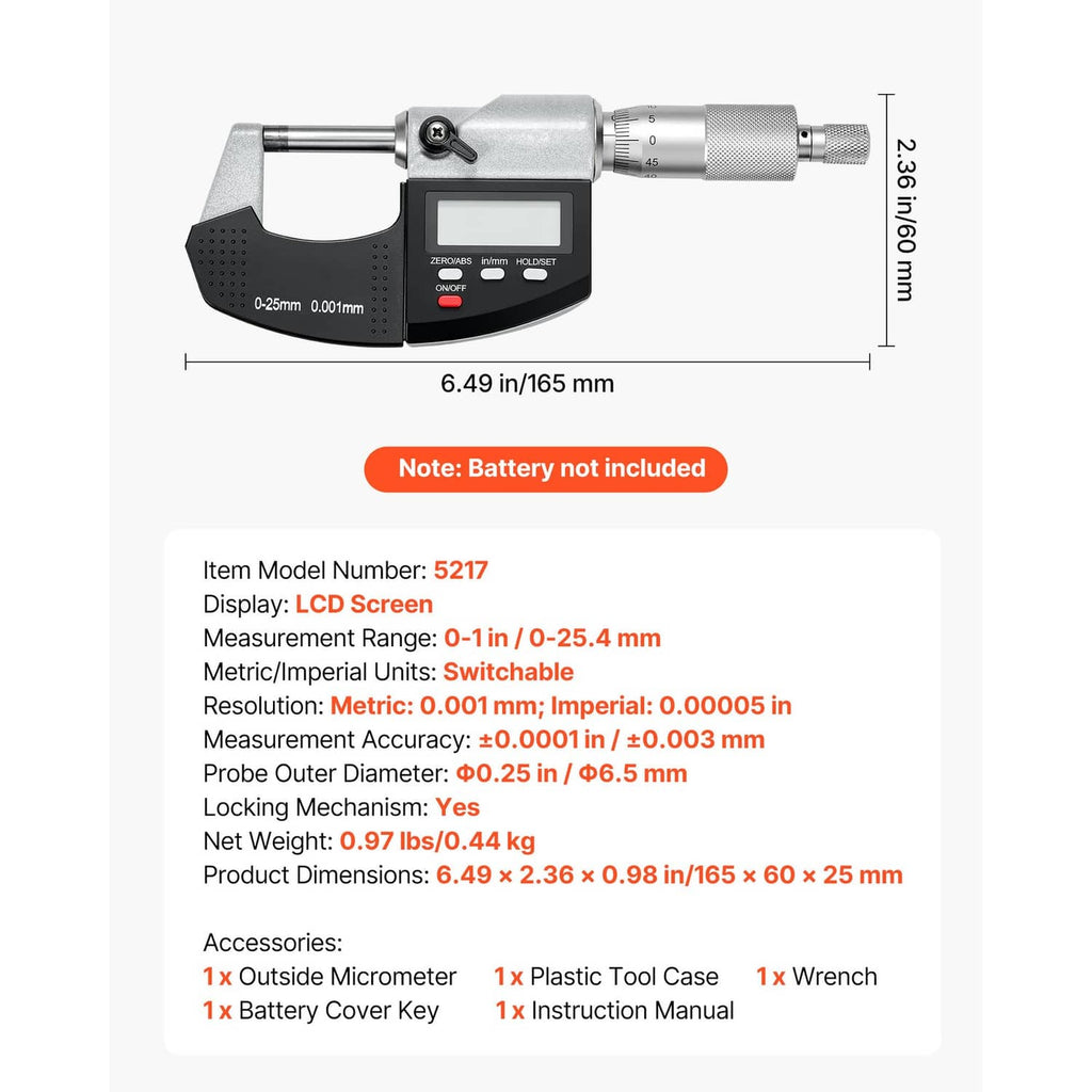 Digital micrometer side view with extended spindle and LCD screen