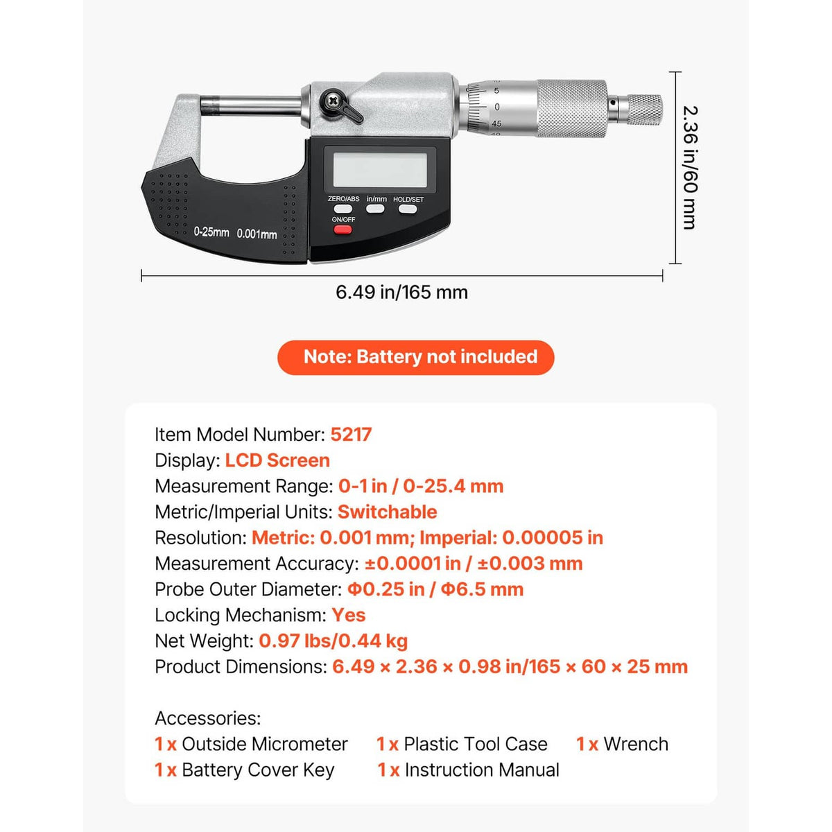 Digital micrometer side view with extended spindle and LCD screen