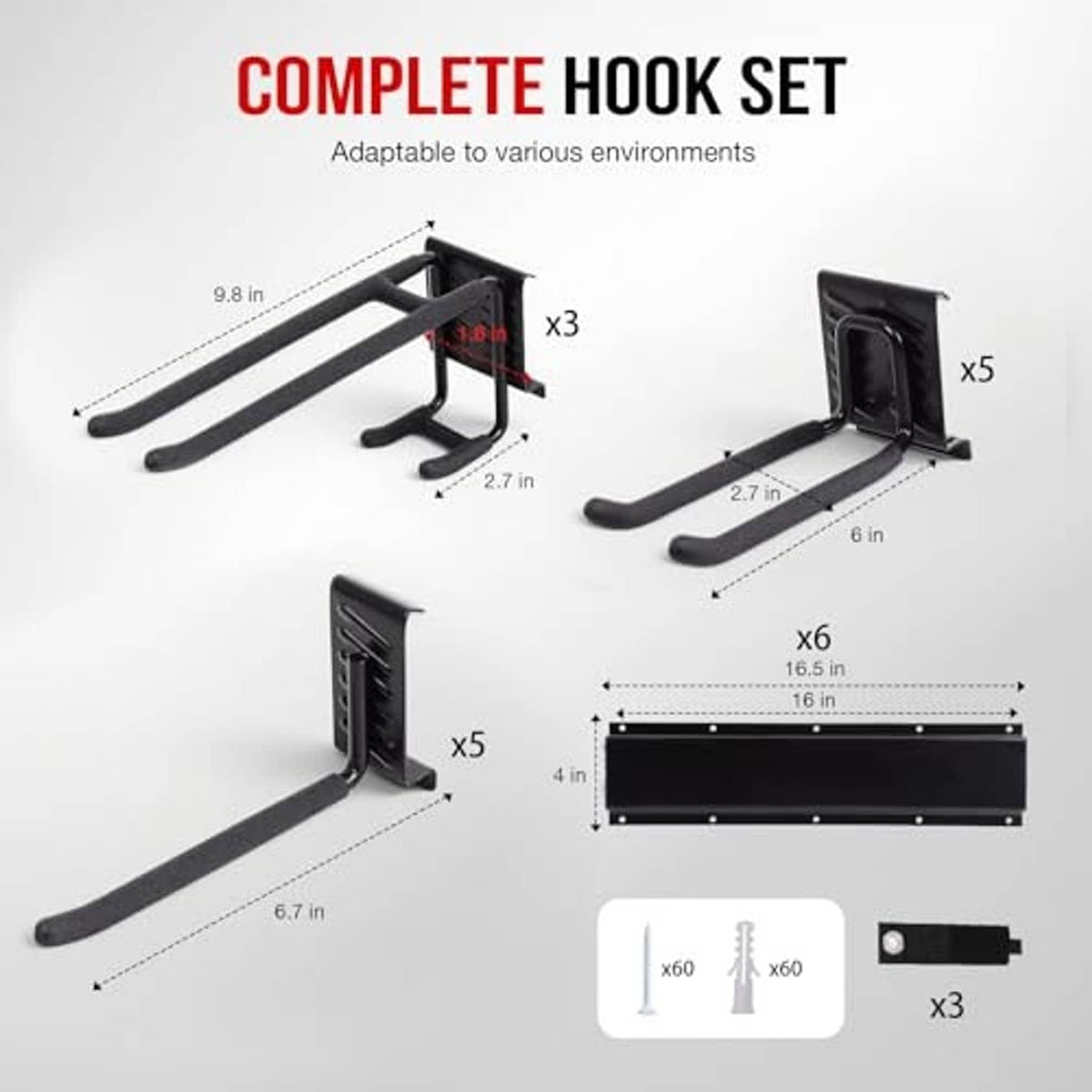 Black complete hook set for wall-mount tool rack with multiple hook sizes