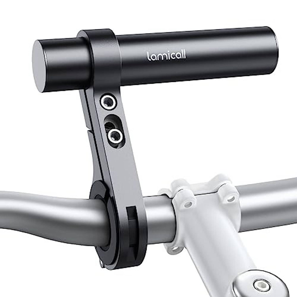 Black bike handlebar extender clamp with two-bolt mount on gray handlebar