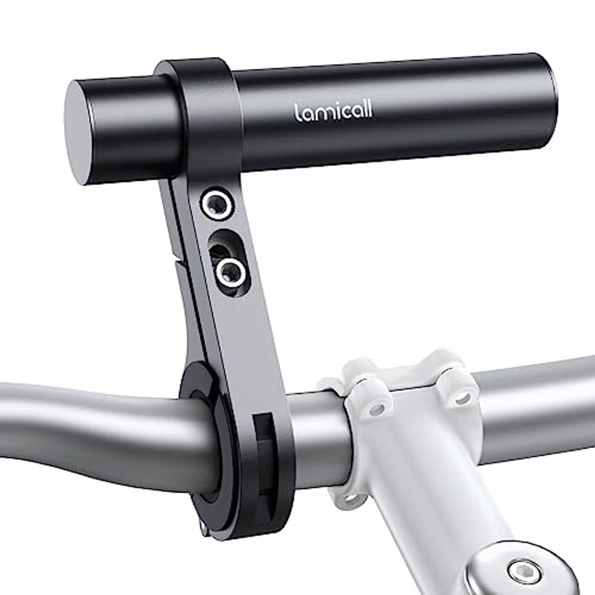Black bike handlebar extender clamp with two-bolt mount on gray handlebar