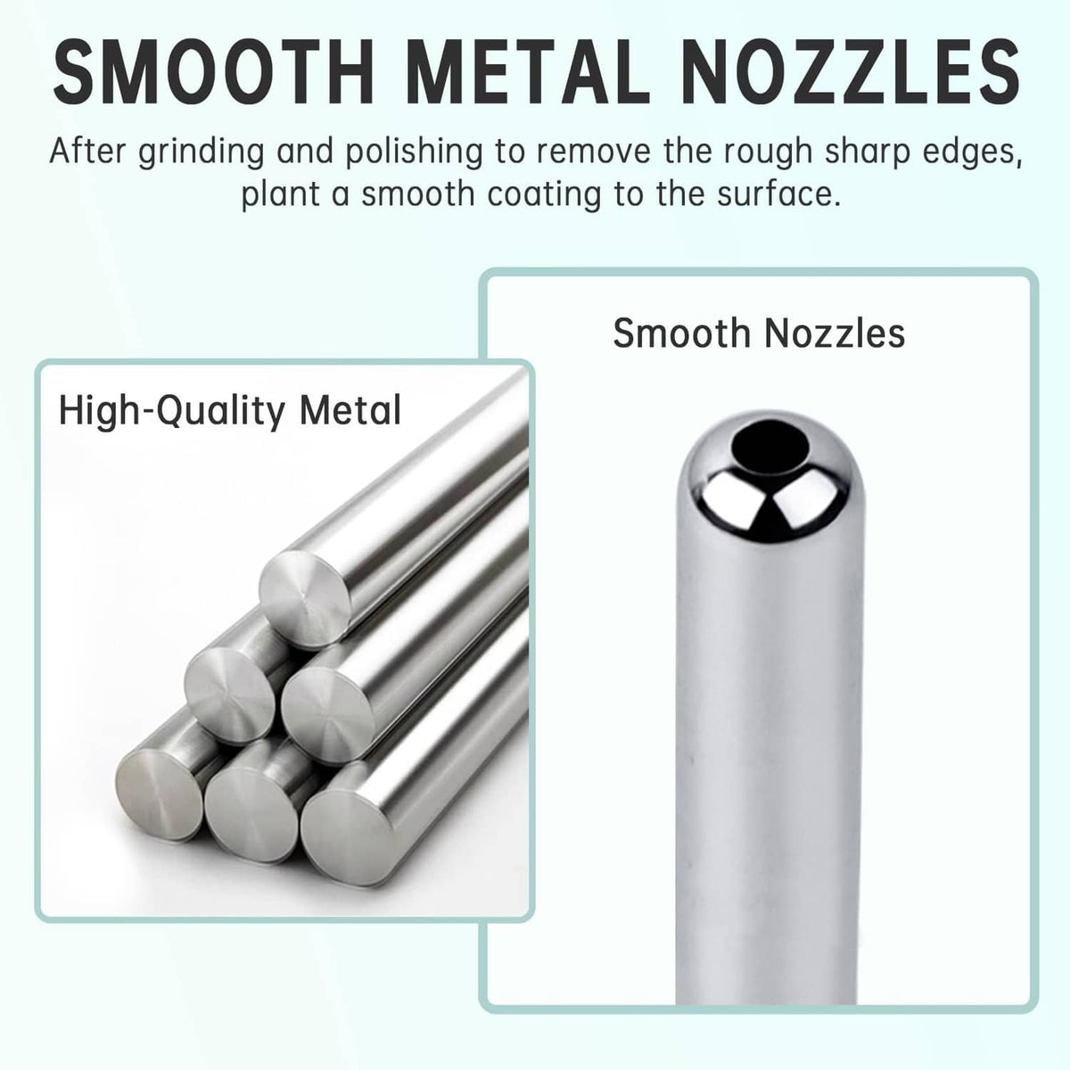 Smooth metal nozzle tips in polished chrome with rounded spray opening