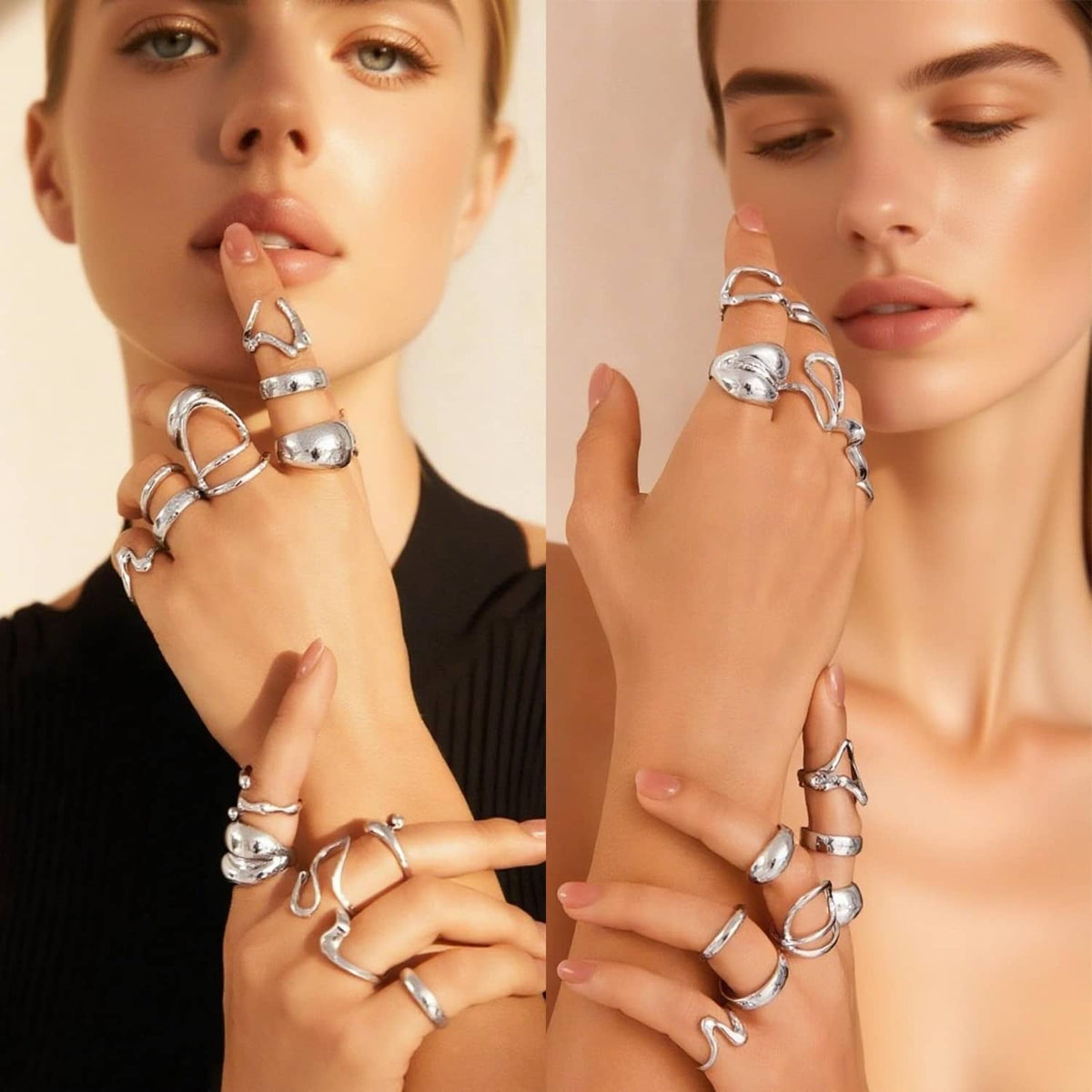 Silver chunky ring set on hands and fingers, mix of bands and sculpted openwork