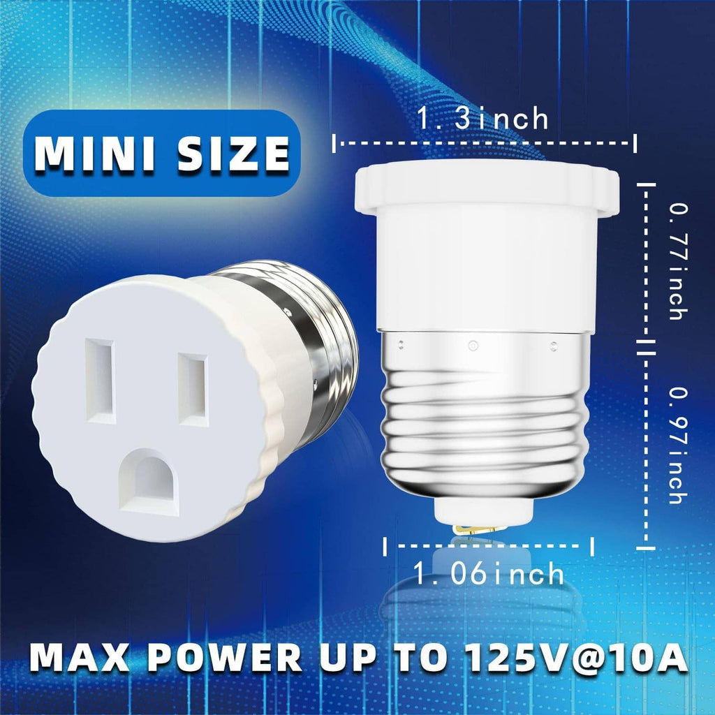 Mini white light socket to plug adapter, compact size, E26/E27 base, 2-pack