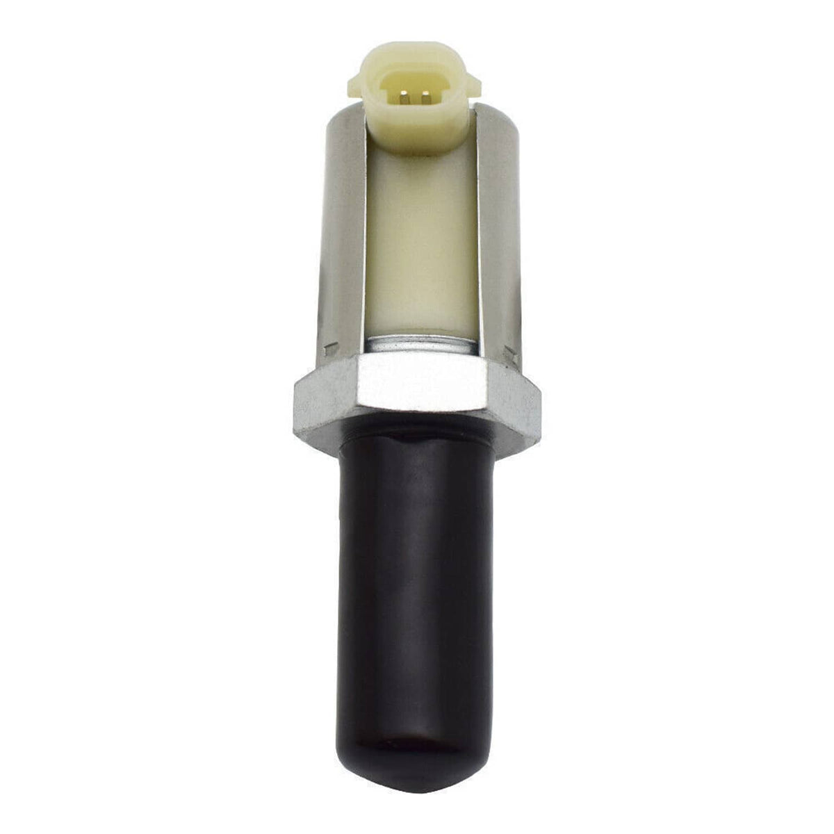 Fuel injector pressure regulator valve with beige connector, metal housing and black sleeve