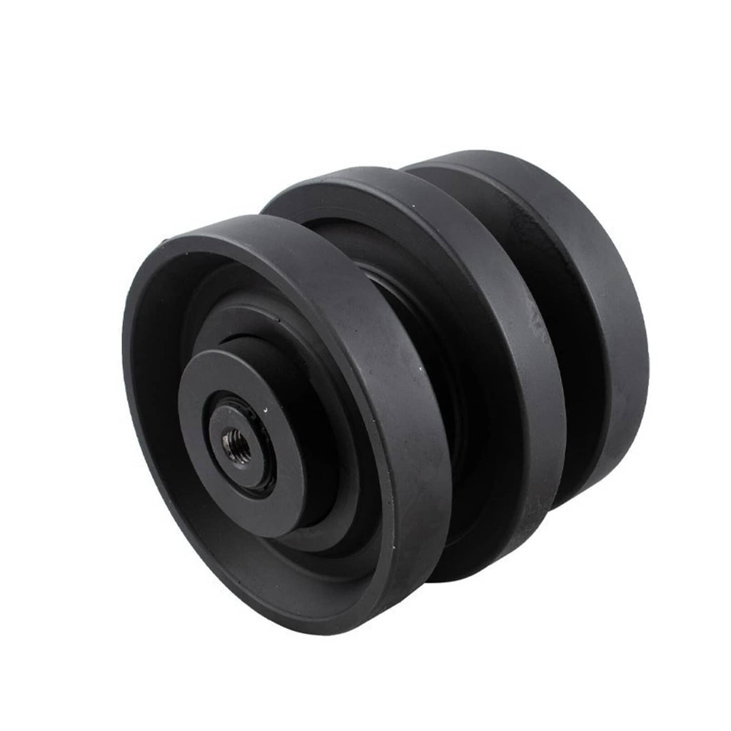 Bottom roller assembly with black rubber wheels and central metal hub bolt