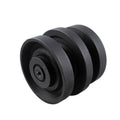 Bottom roller assembly with black rubber wheels and central metal hub bolt