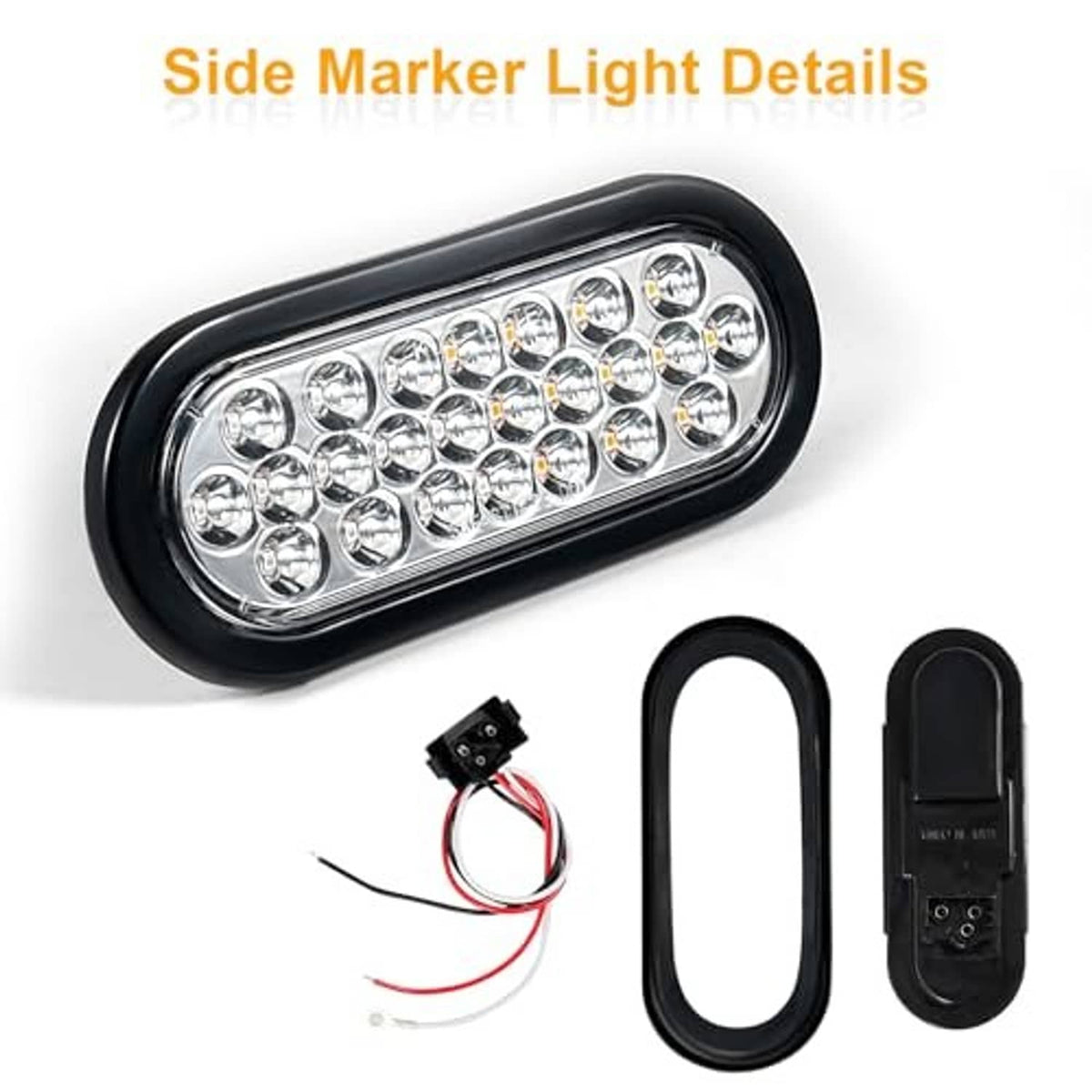 Oval LED side marker light kit with black housing, wiring leads, and mounting piece