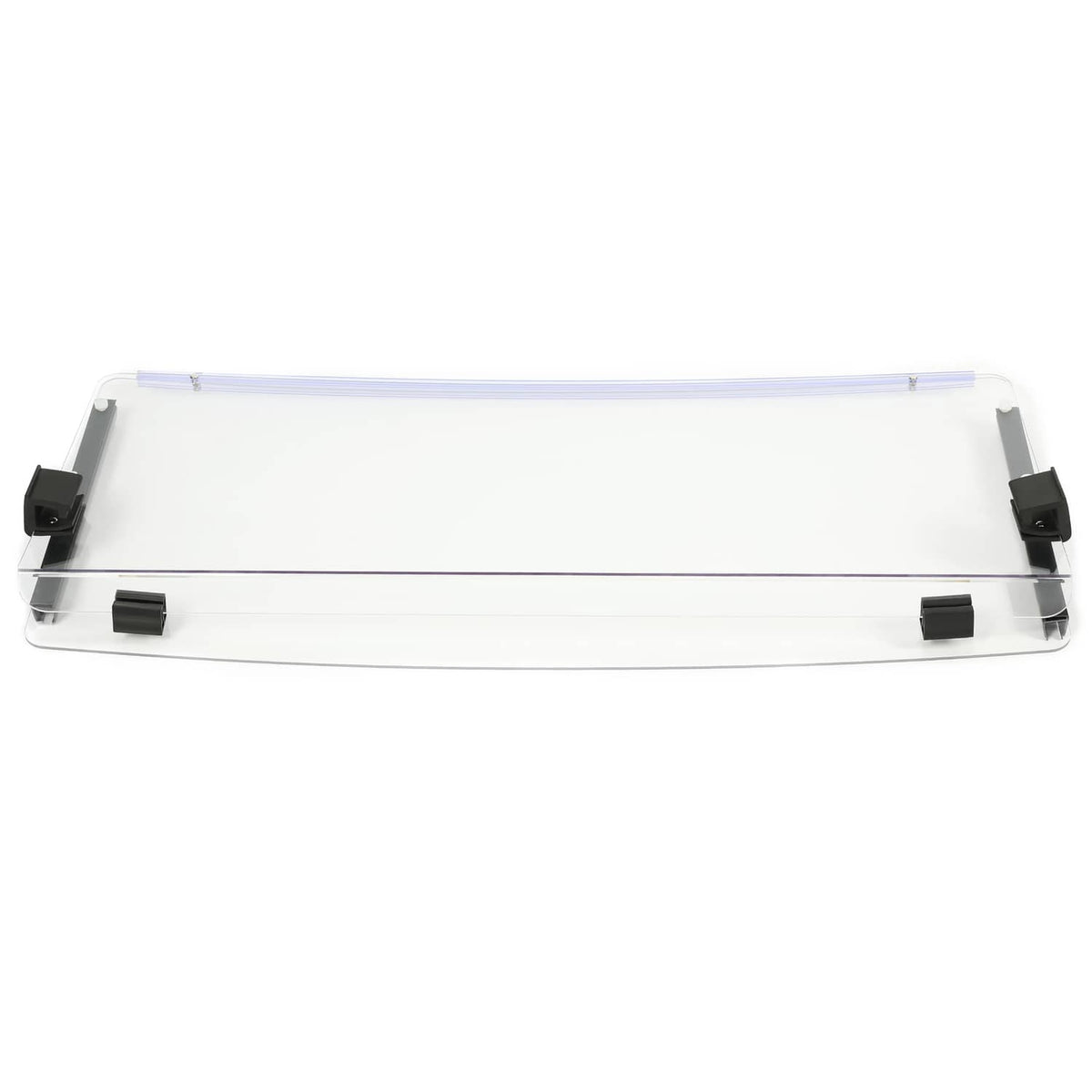 Clear folding windshield with black corner clamps and mounting hardware