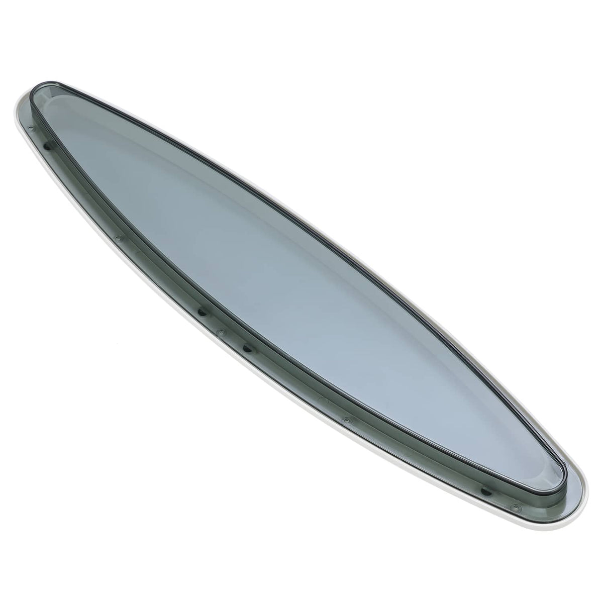 Oval porthole window with white outer ring and dark tinted glass.