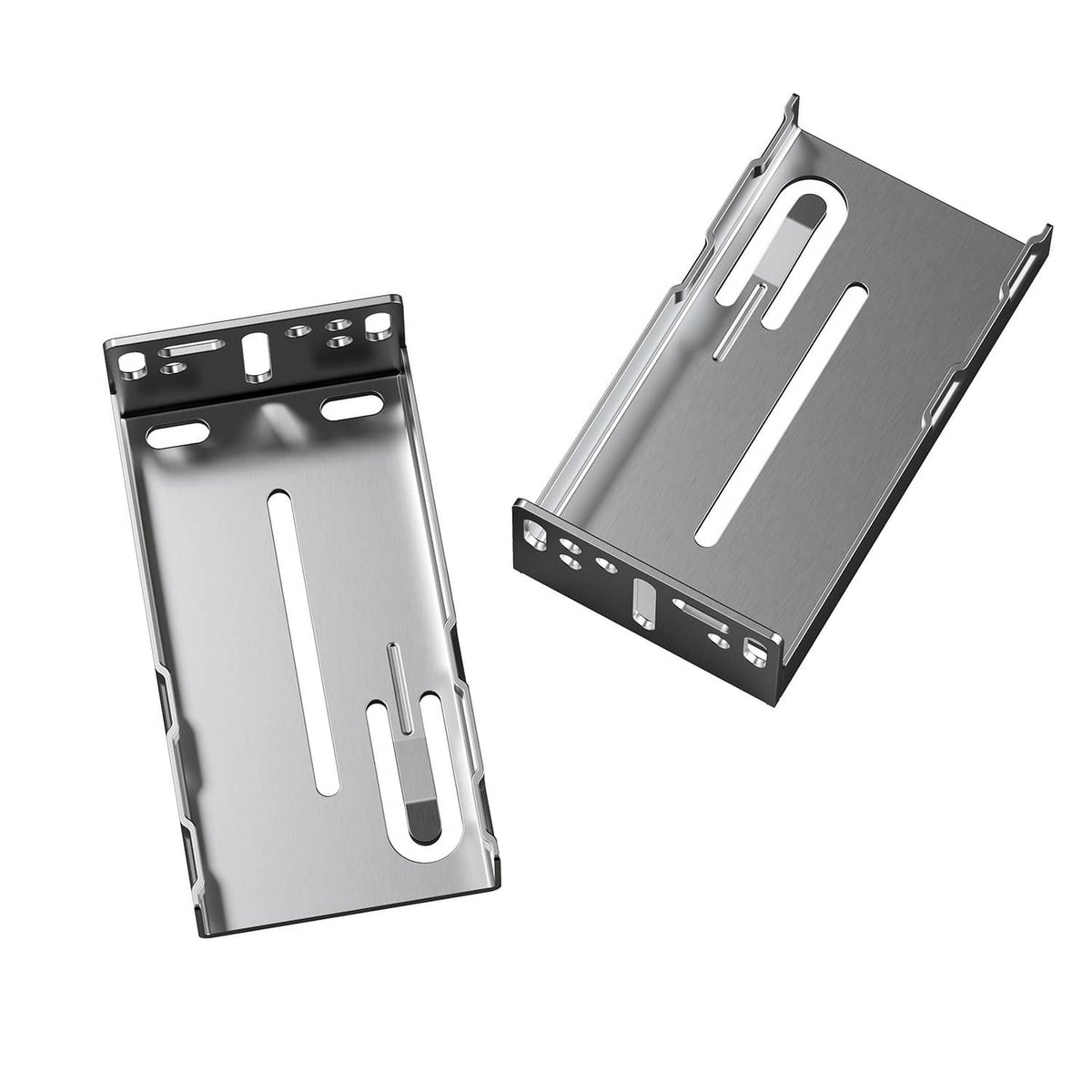 Pair of side-mount drawer slide brackets, silver steel with elongated mounting slots