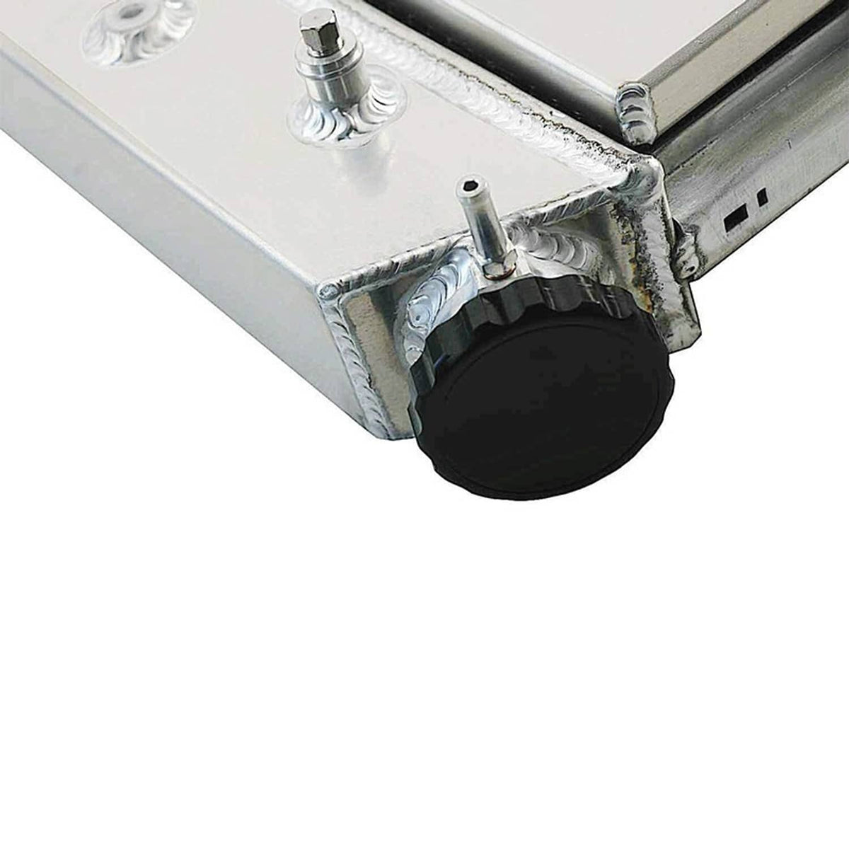 Radiator corner with inlet/outlet connection and black hose coupling