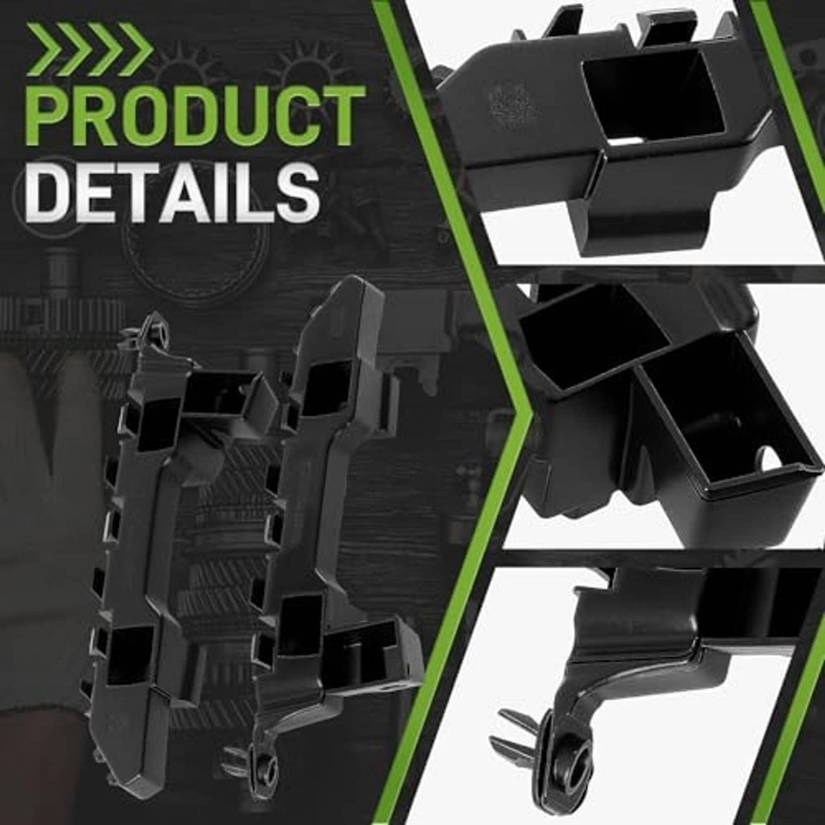 Black bumper bracket detail with interlocking tabs and mounting hardware, close-up