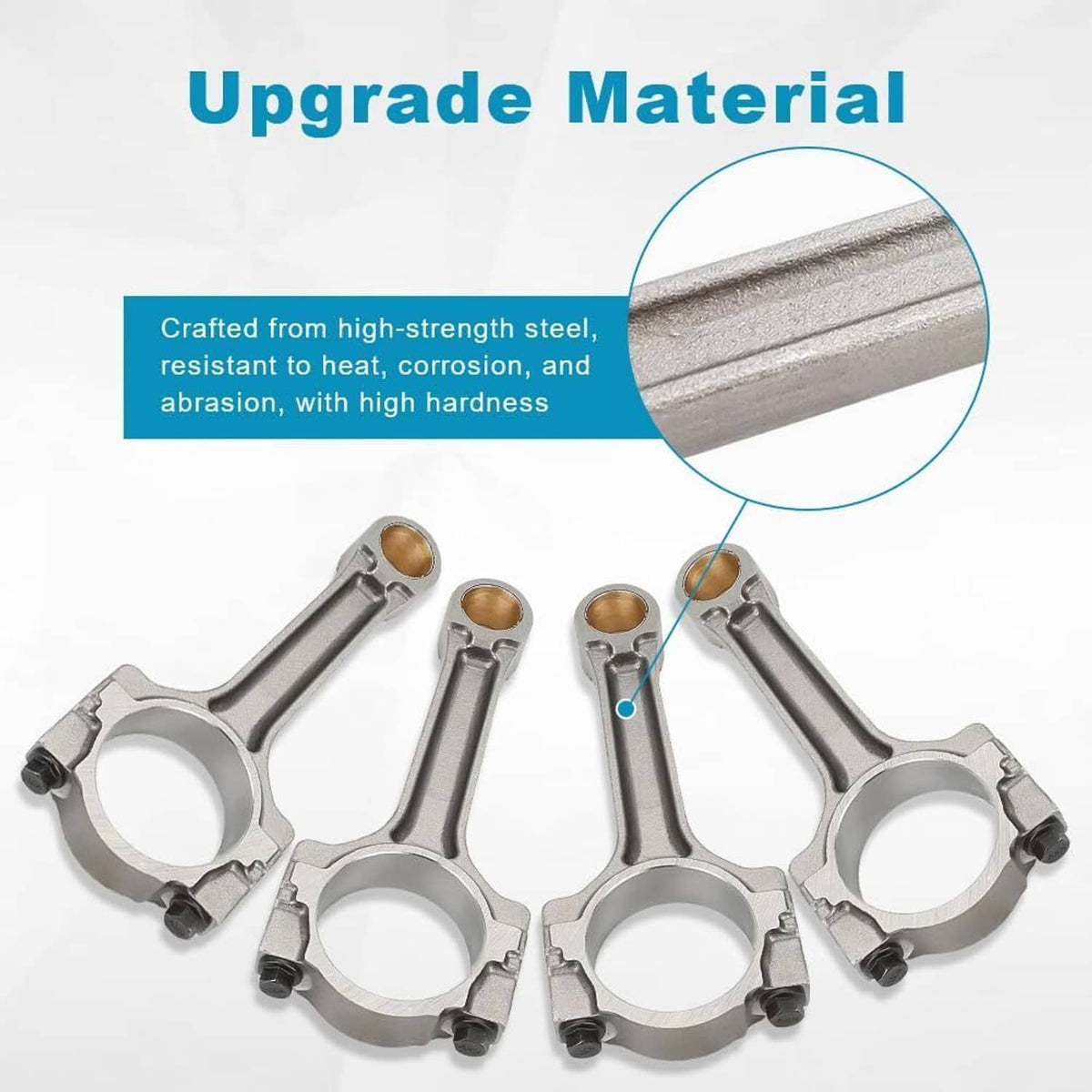 Eight steel connecting rods with bronze bearing caps and piston-end circular journals