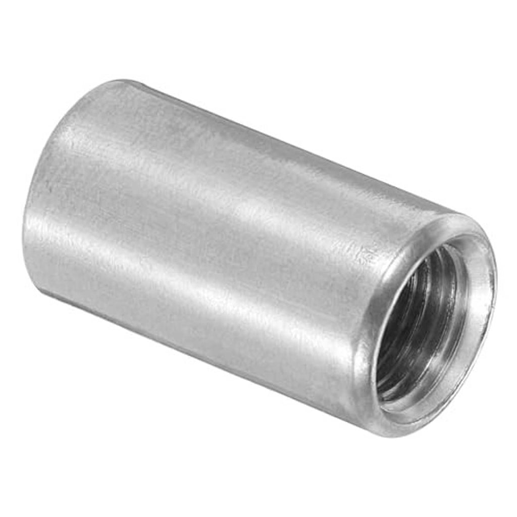 Stainless steel female weld coupling with internal threads, angled close-up