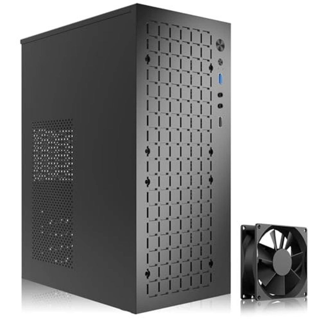 Black micro ATX case with perforated front mesh, rear I/O ports, and a visible fan