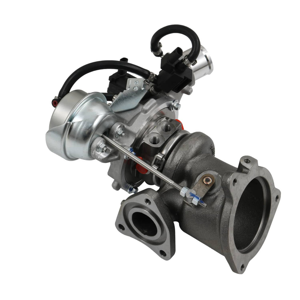 Turbocharger with silver compressor, black hoses, and cast exhaust manifold outlet