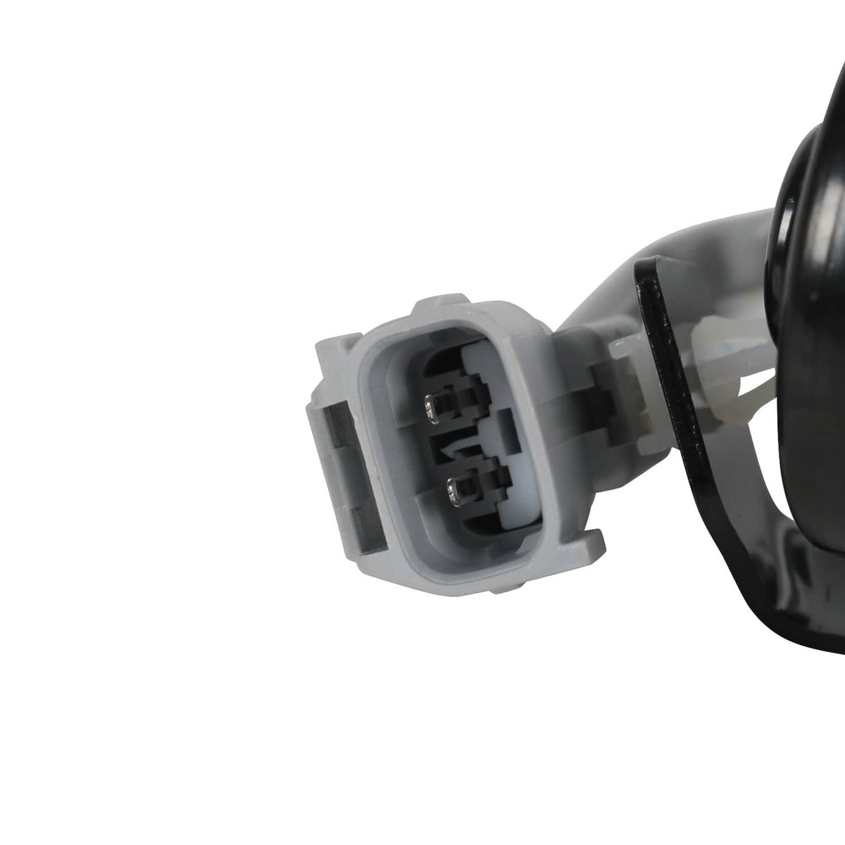 Fuel tank valve connector with gray plastic housing and two exposed metal terminals
