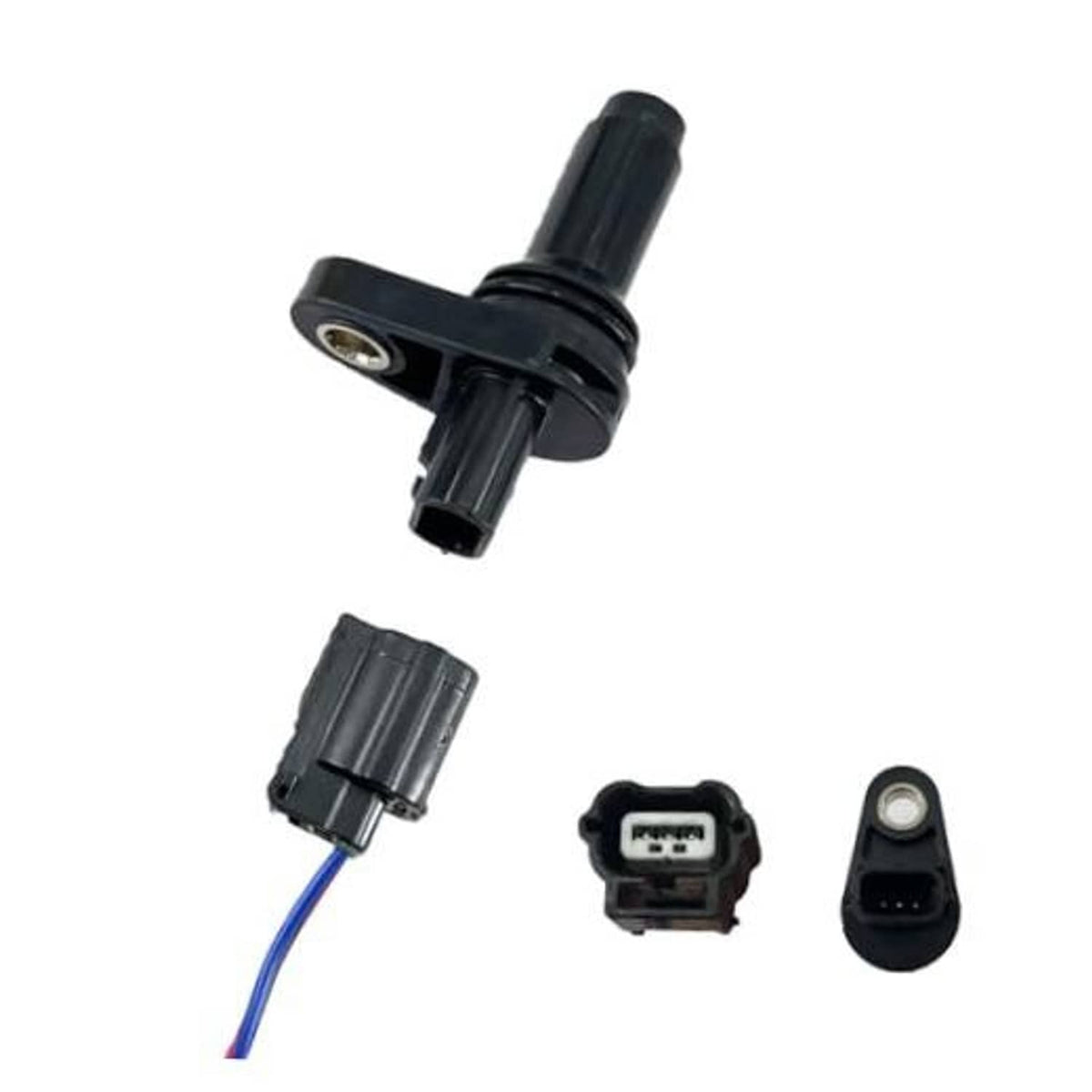 Black crankshaft position sensor with connector plug and blue wire harness pigtail