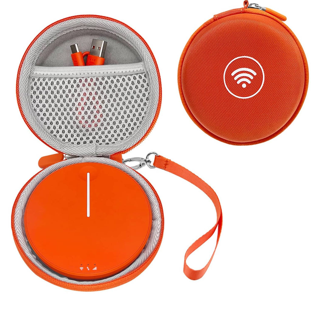 Orange round hard case with zipper, open lid showing gray mesh pocket and strap loop