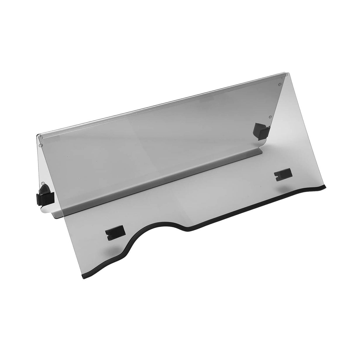 Tinted folding golf cart windshield panel with black corner mounting brackets