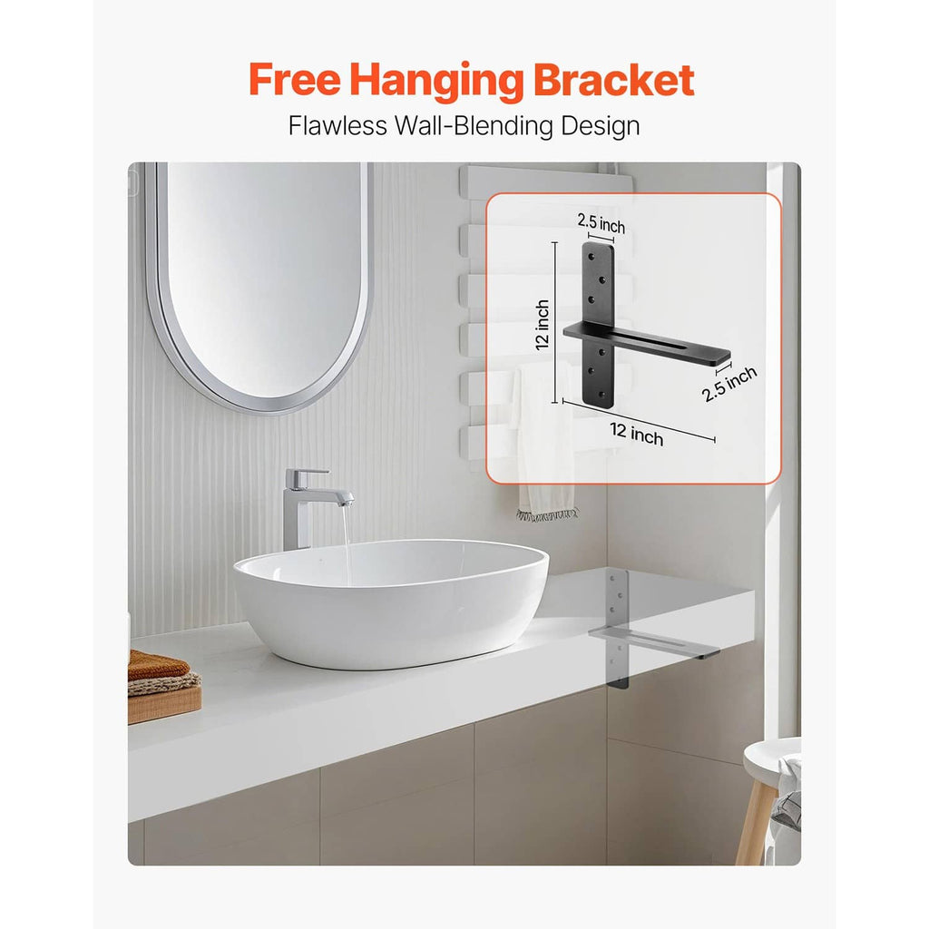 Matte black floating shelf brackets installed on wall for wall-mounted shelves