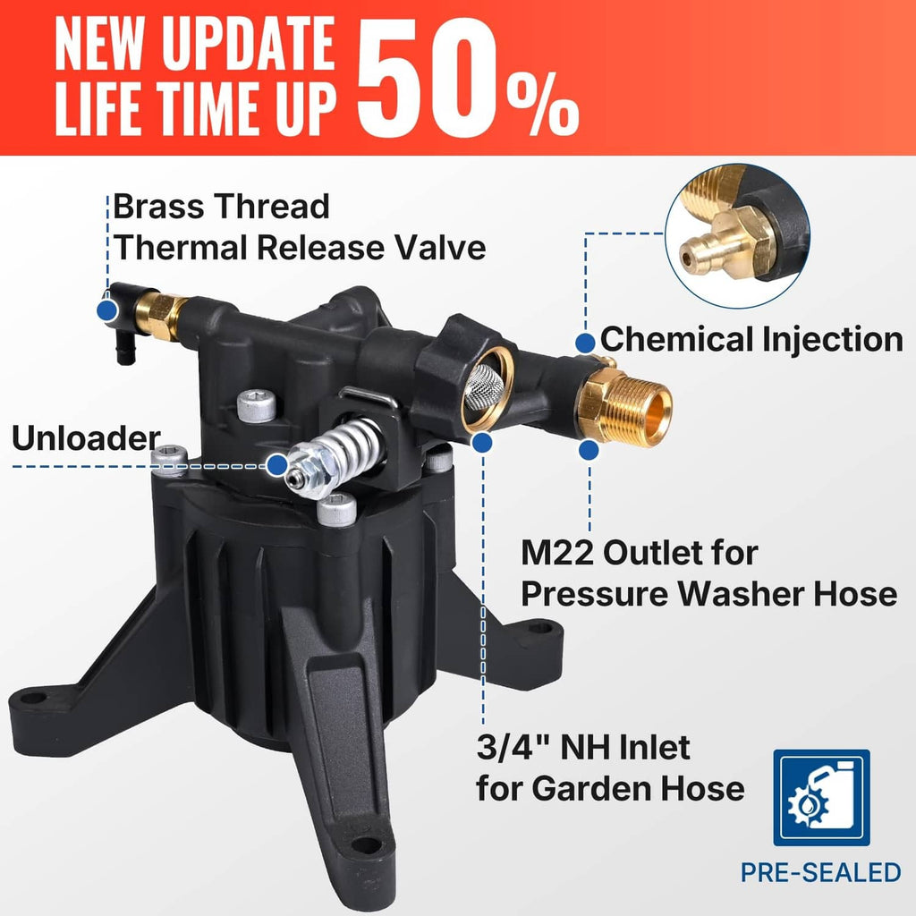 Black vertical pressure washer pump with brass outlet and inlet connectors, detail view